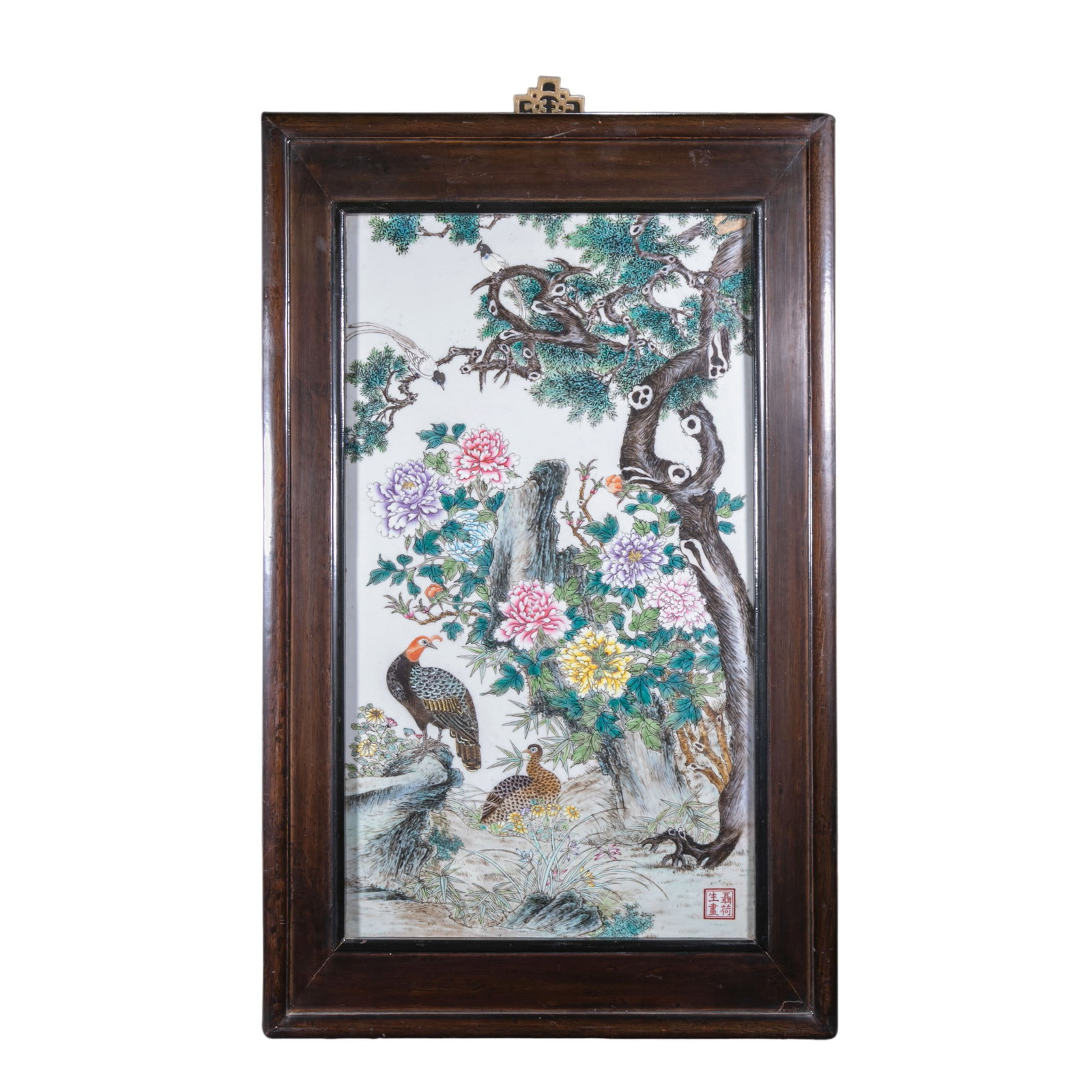 A 20th Century Chinese Famille-Rose Porcelain Plaque with Birds and Flowers (1 of 6)