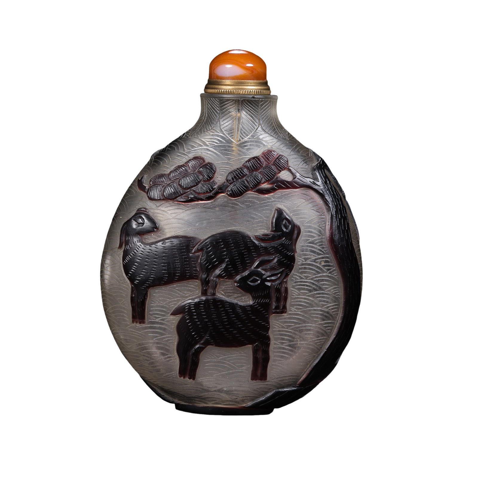 A Chinese Qing Dynasty Overlay Glass Snuff Bottle with Deer, Crane, and Pine Motifs, with Agate (1 of 9)