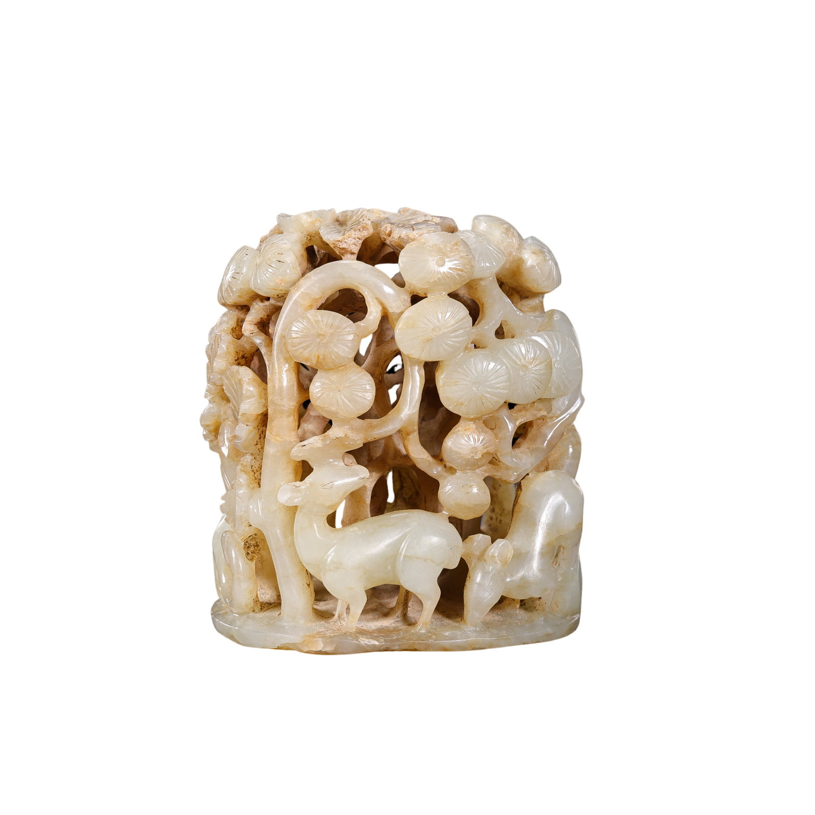 A Liao–Jin Period Hetian Jade Openwork Censer Finial with Floral and Deer Motifs: 10th–13th century; Height: 6.5 cm; Width: 6 cm; Weight: 174 gCondition and Provenance?In good overall condition. The finial is carved from Hetian jade of pale celadon-white tone with areas of russet