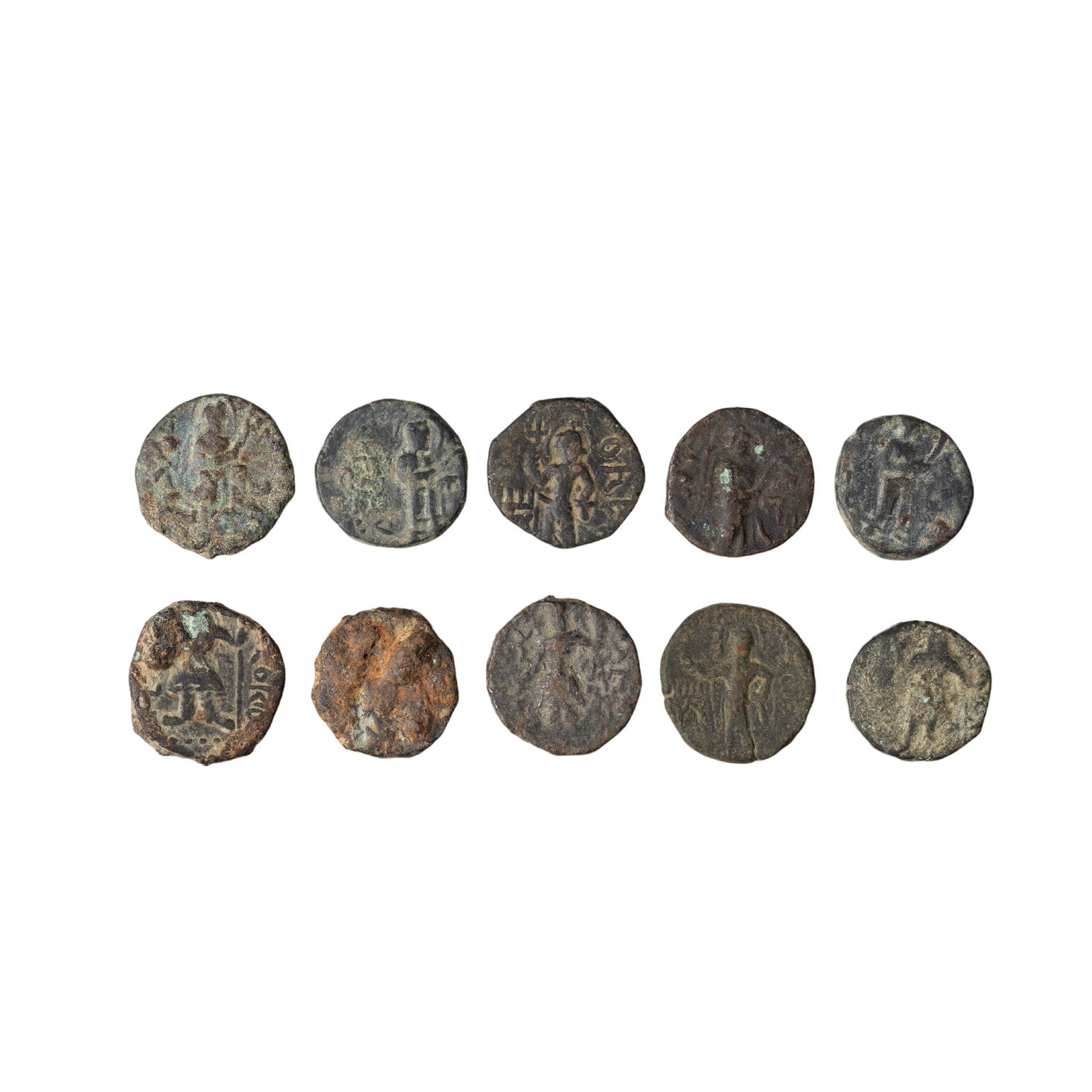 Lot of Kushan Empire Bronze Coins (10 pcs): A lot of 10 bronze coins from the Kushan Empire,Quantity: 10 coinsWeight: 38 grams (total)