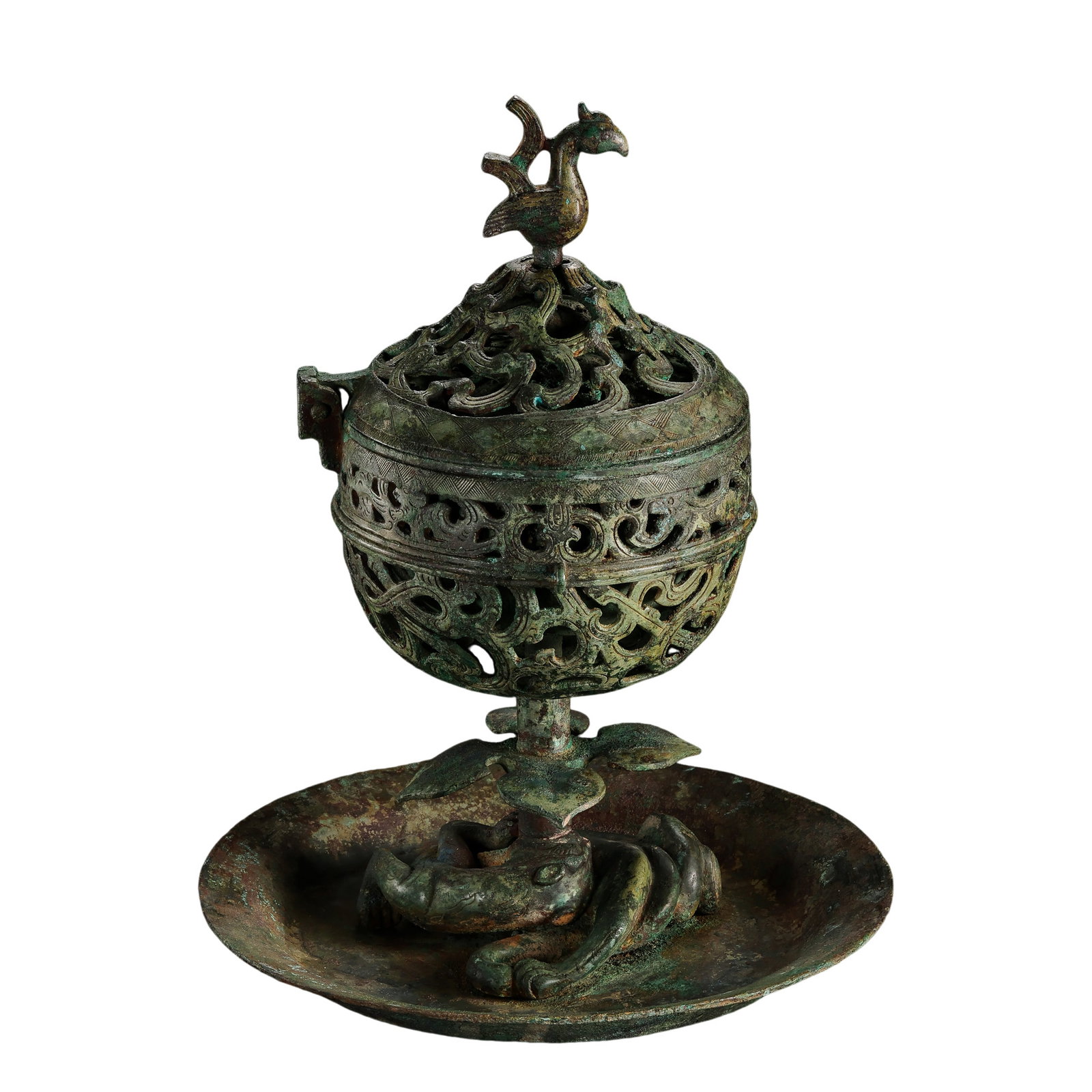 Warring States Period Openwork Bronze Censer with Phoenix Finial, China: 5th–3rd century BCE; Height: 28 cm (approx. 11.02 in); Width: 20 cm (approx. 7.87 in); Weight: 2613 gCondition and Provenance?In good overall condition. The censer retains its principal structural e