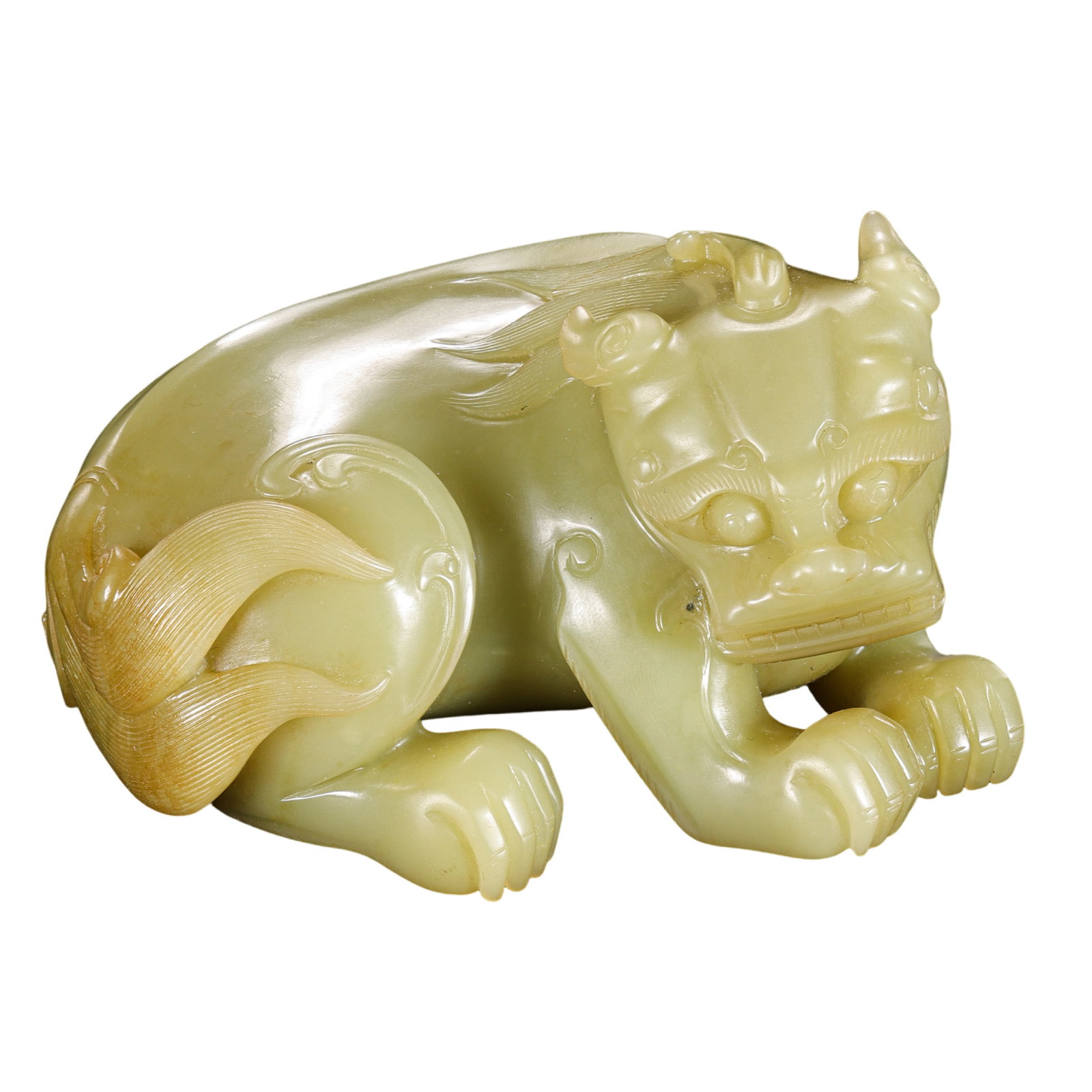 Ming Dynasty Hetian Yellow Jade Recumbent Beast, China: 15th–17th century; Length: 10 cm (approx. 3.94 in); Height: 6 cm (approx. 2.36 in); Weight: 533 gCondition and Provenance?In good overall condition. The beast is carved in the round from Hetian yell