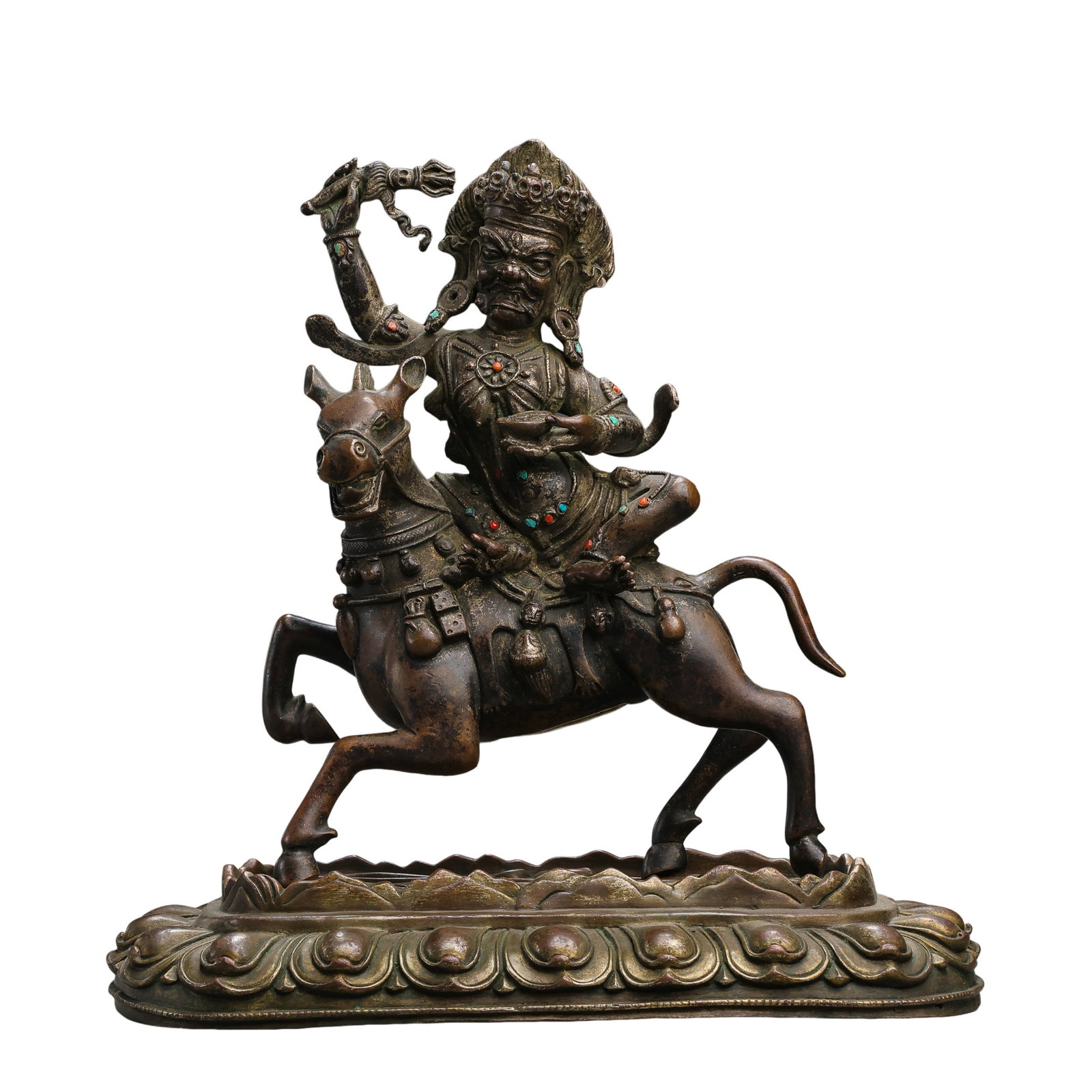 A 17th Century Tibetan Copper Wrathful Guardian Figure on a Mount: 17th century; Height: 20 cm (approx. 7.87 in); Width: 10 cm (approx. 3.94 in); Weight: 1658 gCondition and Provenance?In good overall condition. The figure, mount, and base are substantially intact. T