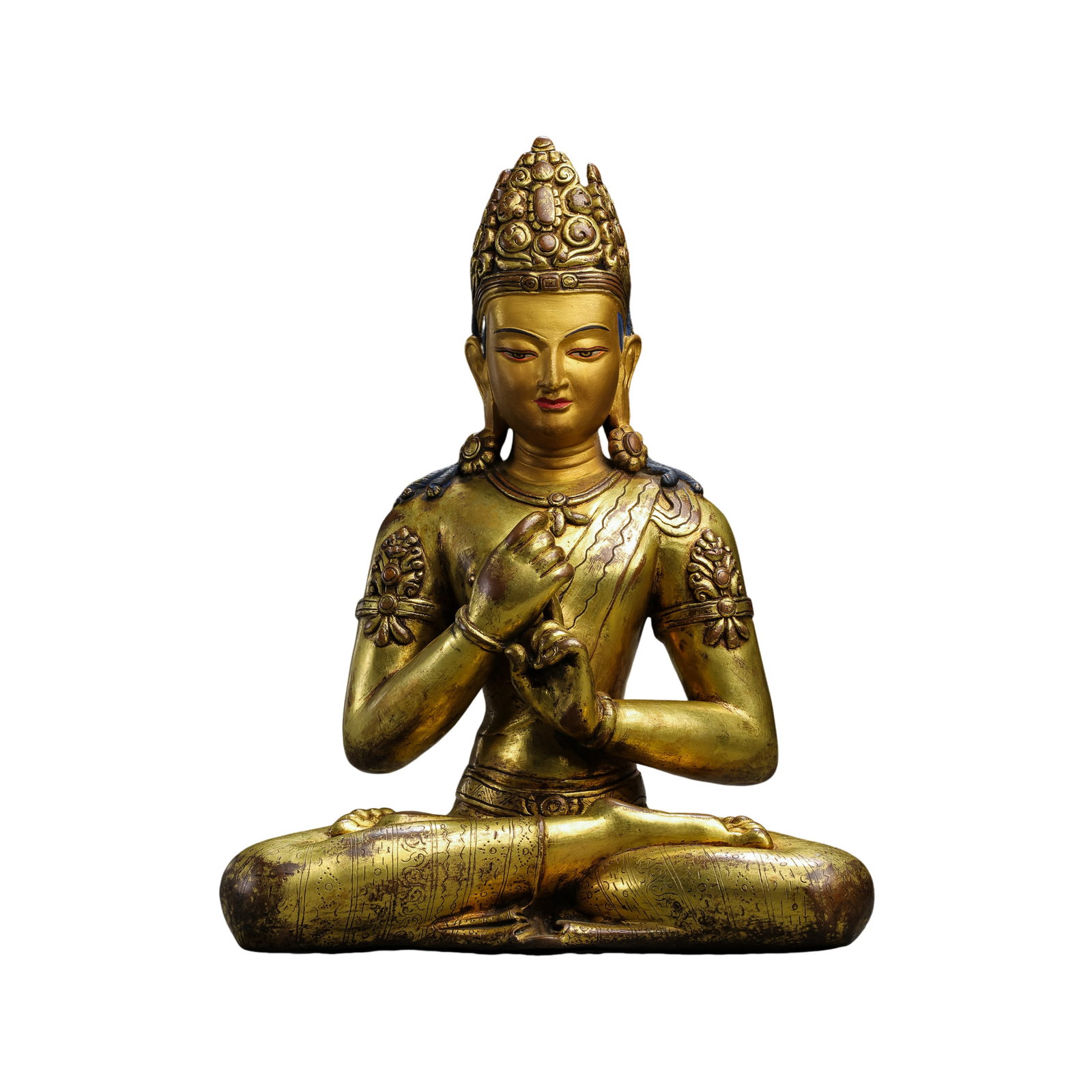 15th Century Tibetan Gilt-Bronze Seated Bodhisattva: 15th century; Height: 28 cm (approx. 11.02 in); Width: 21 cm (approx. 8.27 in); Weight: 3871 gCondition and Provenance?In good overall condition. The sculpture is substantially intact and cast in bron