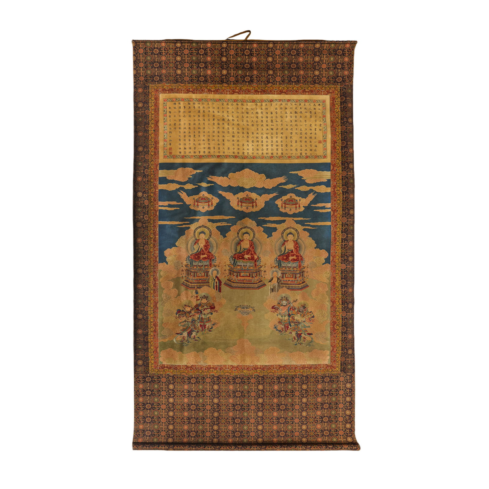 An Imperial Qianlong Brocade-Mounted Thangka of a Buddhist Assembly, Qing Dynasty (1 of 8)