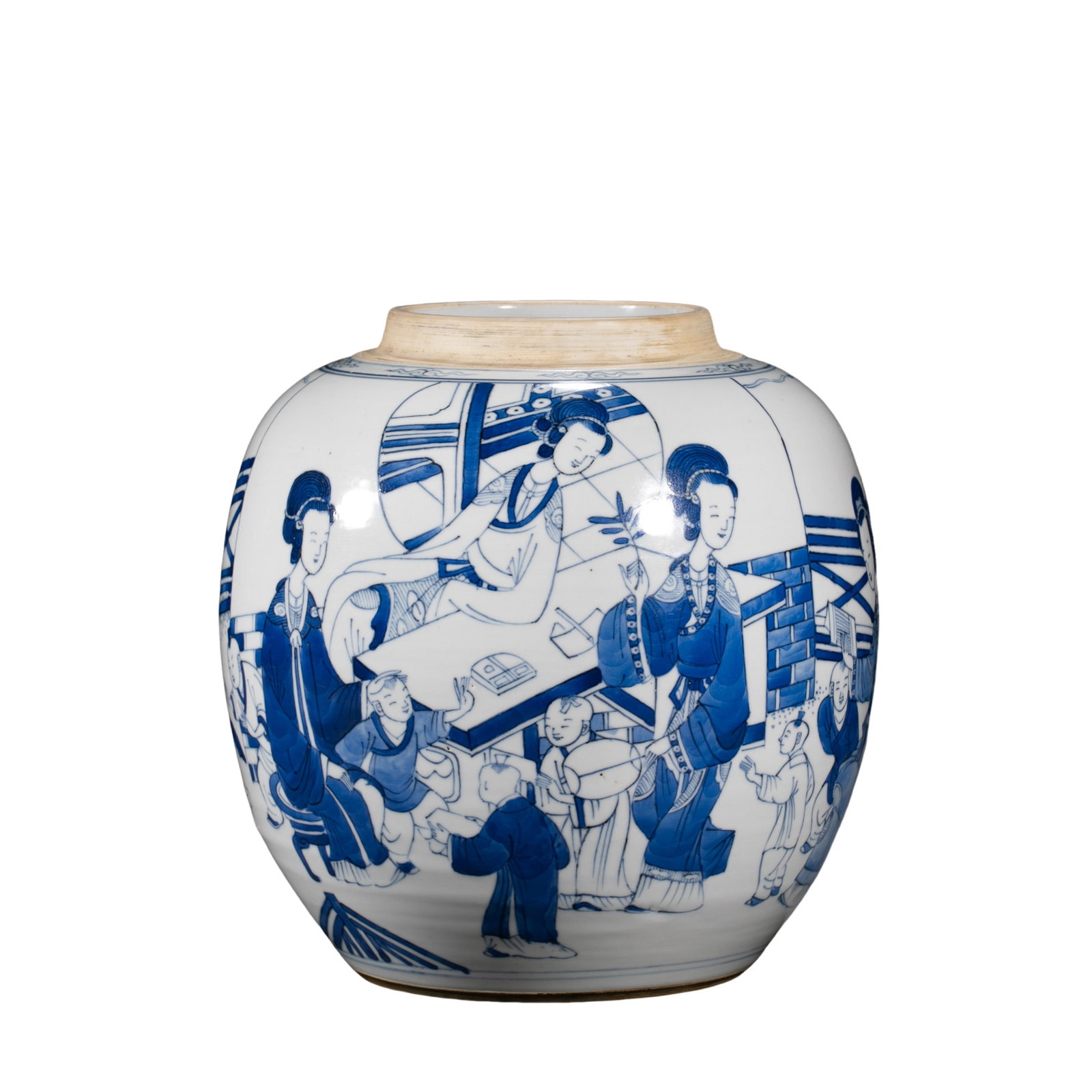 Kangxi Blue-and-White Jar with Figural Narrative Scene, Qing Dynasty: Late 17th–early 18th century; Height: 22 cm (approx. 8.66 in); Mouth diameter: 10 cm (approx. 3.94 in); Weight: 123 gCondition and Provenance?In good overall condition. The jar is complete in form a