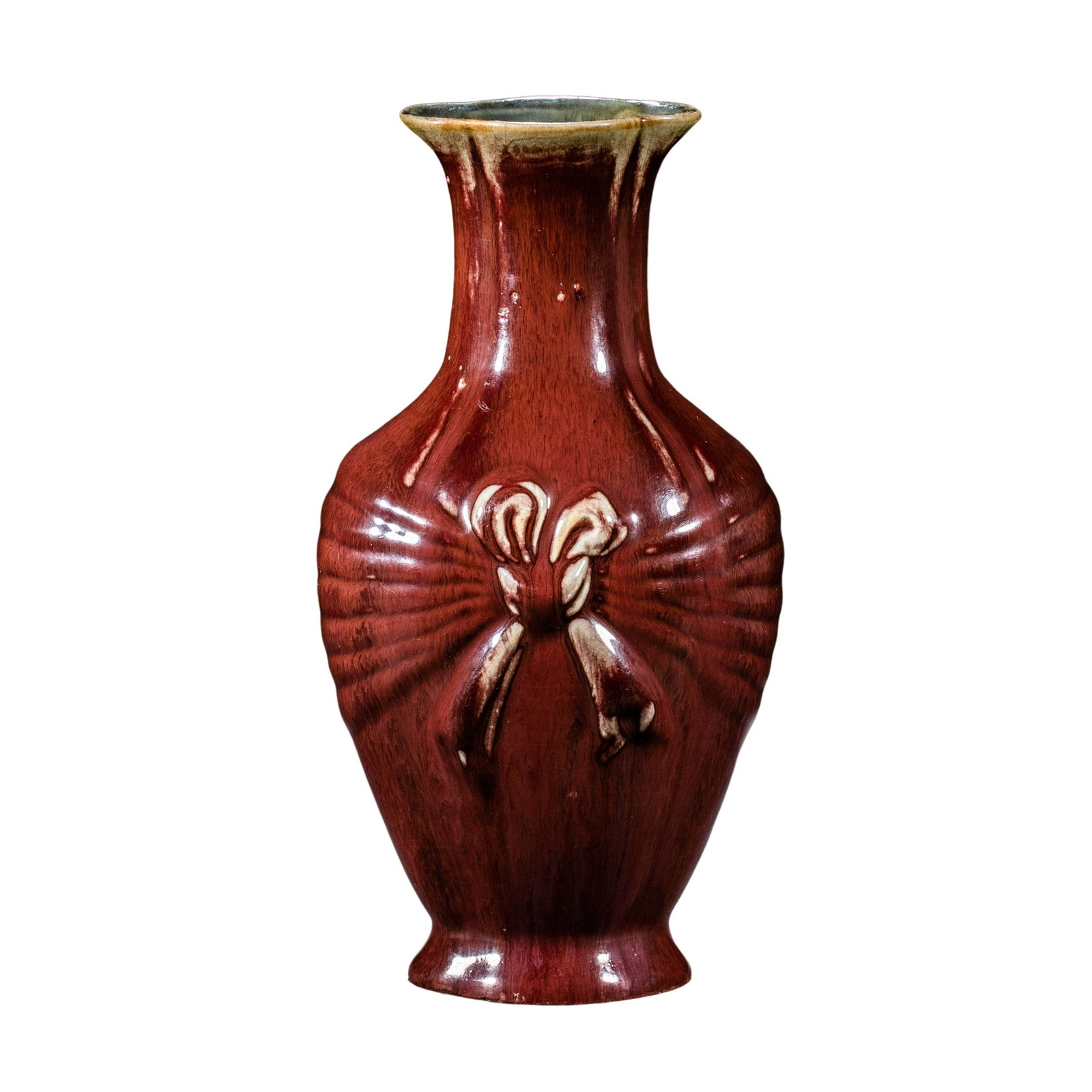 Qianlong Langyao Red Flambé-Glazed “Wrapped Cloth?? Vase, Qing Dynasty: 18th century; Height: 32 cm (approx. 12.60 in); Mouth diameter: 10 cm (approx. 3.94 in)Condition and Provenance?In good overall condition. The vase is complete in form and covered with a rich red glaz