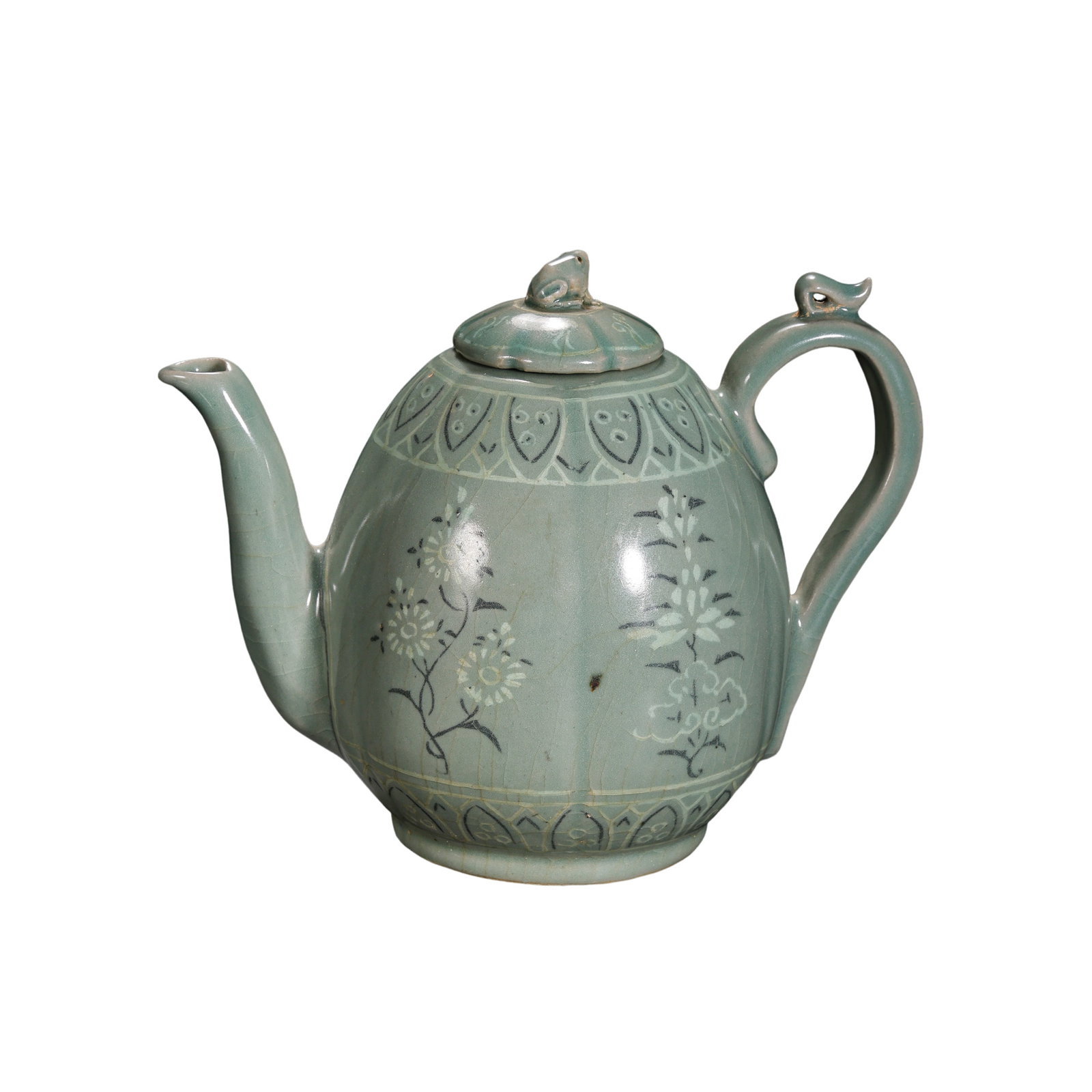 Korean Goryeo Celadon Ewer: Goryeo dynasty, circa 12th–14th century; Overall width: 17 cm (approx. 6.69 in); Height: 13.5 cm (approx. 5.31 in)Condition and Provenance?Overall in good condition. The vessel is covered in a soft 