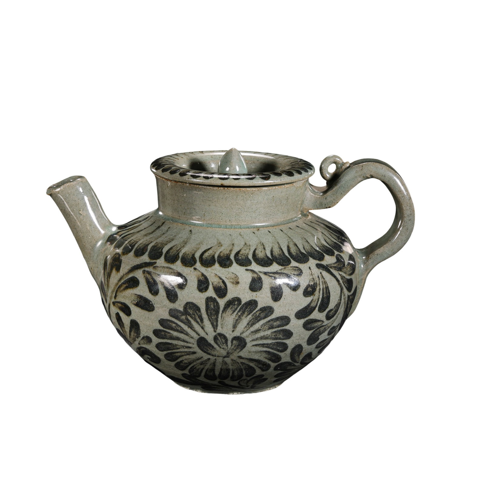 Korean Goryeo Dynasty Celadon Ewer with Iron-Painted Chrysanthemum Decoration: Circa 12th–13th Century?Length: 21.5 cm / approx. 8.46 in / approx. 0.71 ft?Height: 14 cm / approx. 5.51 in / approx. 0.46 ftCondition and Provenance?Condition: The form is intact, the glaze is well