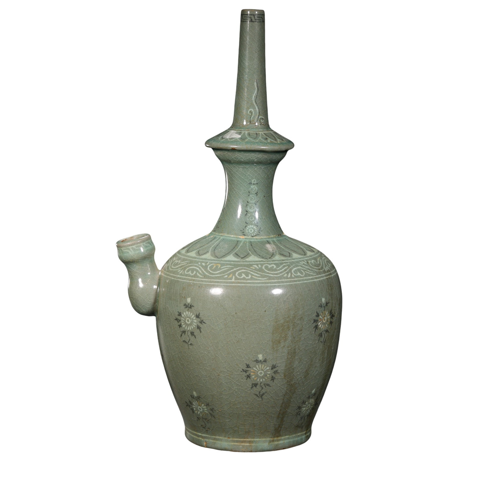Korean Goryeo Dynasty Celadon Kundika with Floral Decoration: Circa 12th–13th Century?Height: 36.5 cm / approx. 14.37 in / approx. 1.20 ftCondition and Provenance?Condition: The vessel is well potted and structurally intact, with the glaze well preserved and a