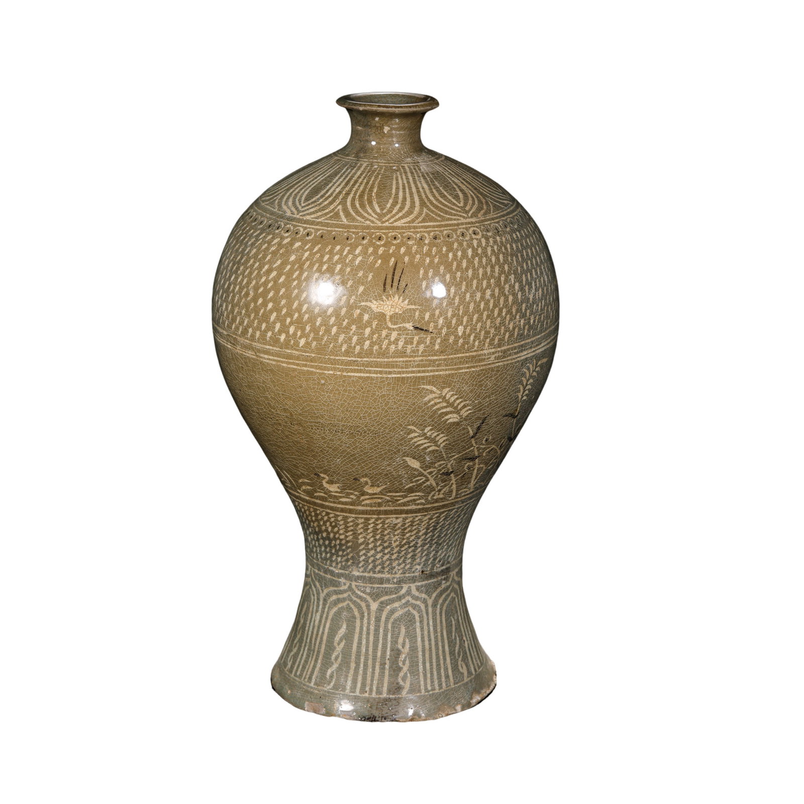 Korean Goryeo Dynasty Celadon Meiping with Incised Floral Decoration: Circa 12th–13th Century?Height: 28.5 cm / approx. 11.22 in / approx. 0.94 ftCondition and Provenance?Condition: The vessel is largely intact, with natural crackle visible throughout the glaze. Minor