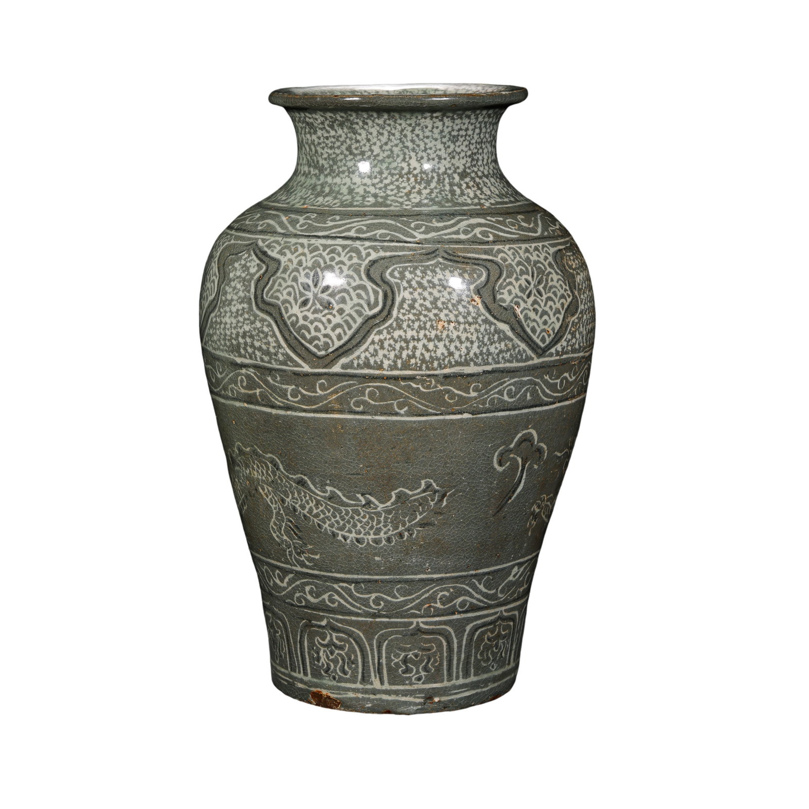 Korean Goryeo Dynasty Celadon Jar with Dragon Decoration (1 of 7)
