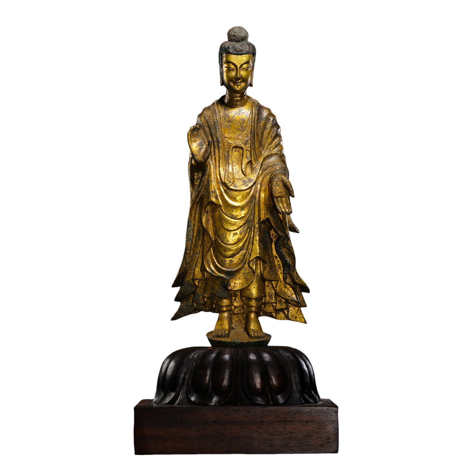 Chinese Northern Wei Period Gilt-Bronze Standing Buddha: Circa 5th–6th Century?Figure height: 35 cm / approx. 13.78 in / approx. 1.15 ft?Overall height: 46.5 cm / approx. 18.31 in / approx. 1.53 ft?Width: 15 cm / approx. 5.91 in / approx. 0.49 ft?Weight: 