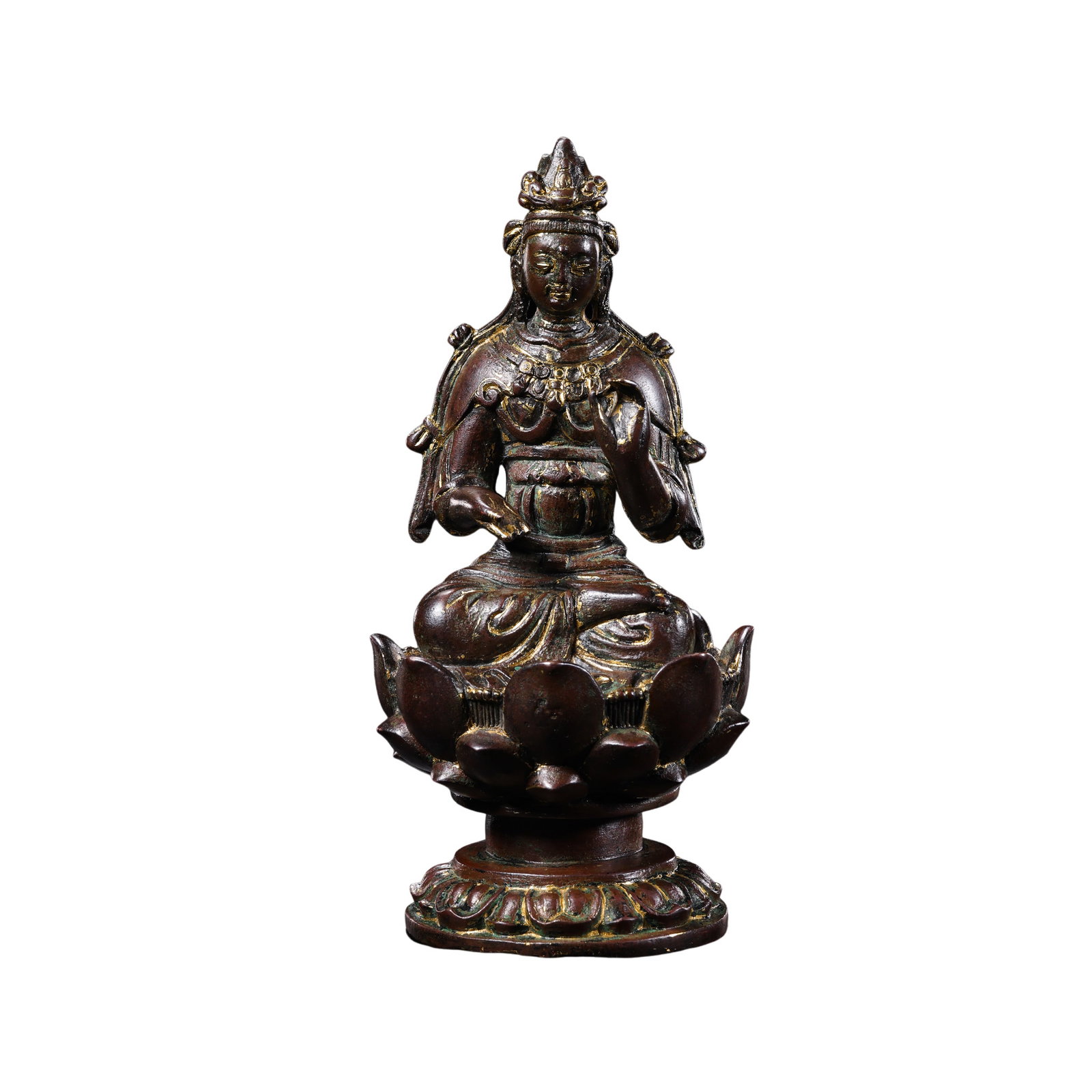 Liao Dynasty Gilt-Bronze Seated Bodhisattva: Circa 10th–12th Century?Height: 15.5 cm / approx. 6.10 in / approx. 0.51 ft?Width: 7 cm / approx. 2.76 in / approx. 0.23 ft?Weight: 595 gCondition and Provenance?Condition: The figure is generally w
