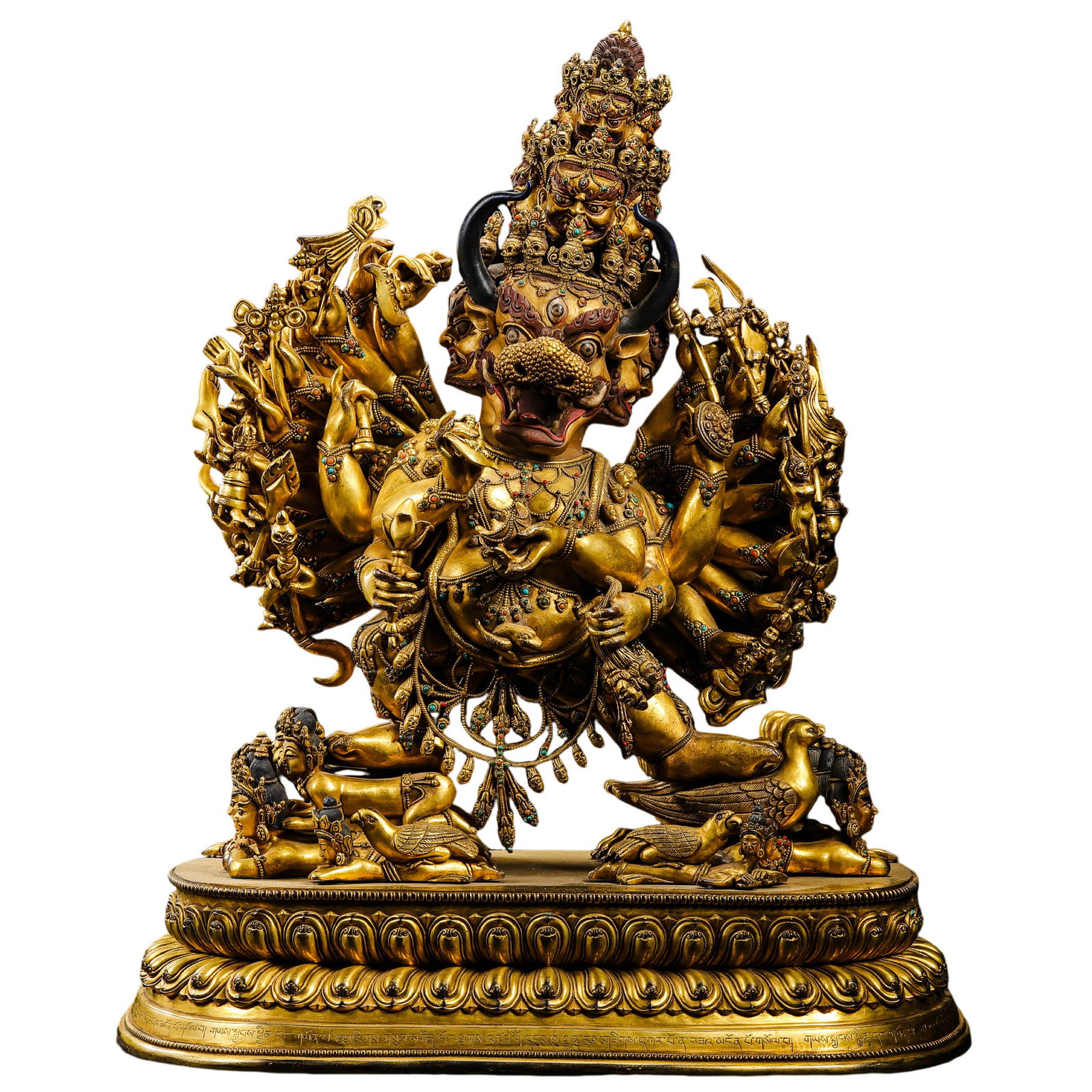 15th Century Tibetan Gilt-Bronze Yamantaka Figure: 15th century; H. 50 cm (19.69 in), W. 39 cm (15.35 in); Wt. 28 kgCondition & Provenance: Good condition, with rich gilding, natural oxidation, patina, and age-related surface wear; formerly in the col