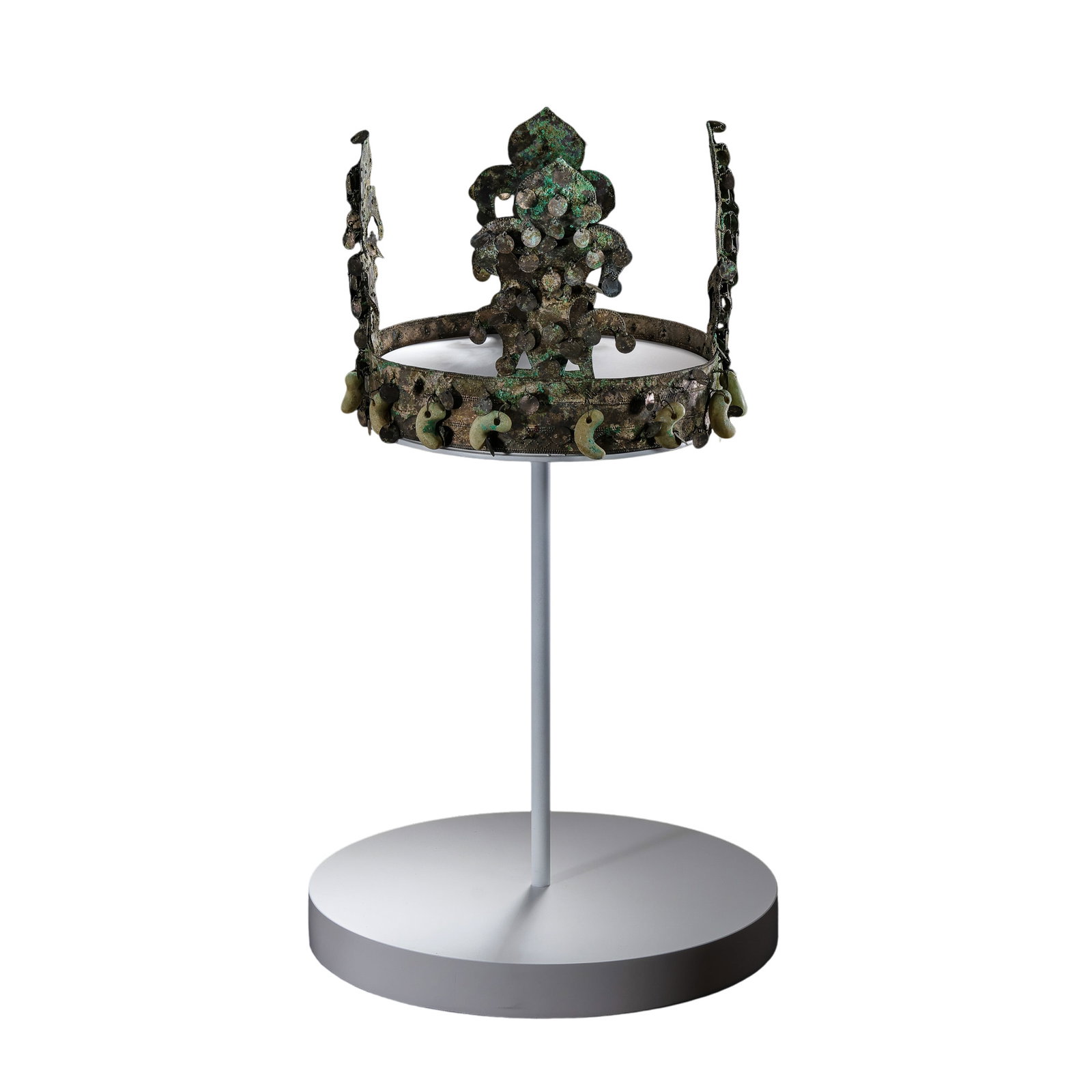 Korean Silla Period Silver Crown: Circa 5th–7th century A.D.; crown height: 15 cm / 5.91 in; overall height with display stand: 43.5 cm / 17.13 in; weight: 240 g / 8.47 ozCondition and Provenance?Condition: Overall well preserved, w