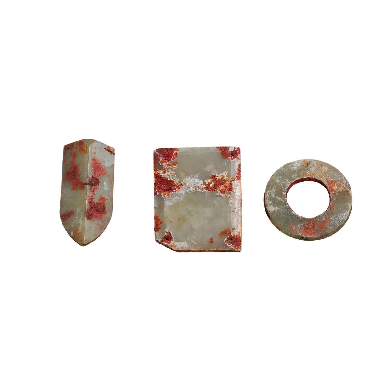 A Group of Warring States Period Hetian Jade Ornaments with Gold Inlay: Warring States period, circa 475–221 B.C.; left ornament height: 3.3 cm / 1.30 in; center ornament height: 3.5 cm / 1.38 in; right ornament diameter: 2.5 cm / 0.98 in; total weight: 13 g / 0.46 ozCo