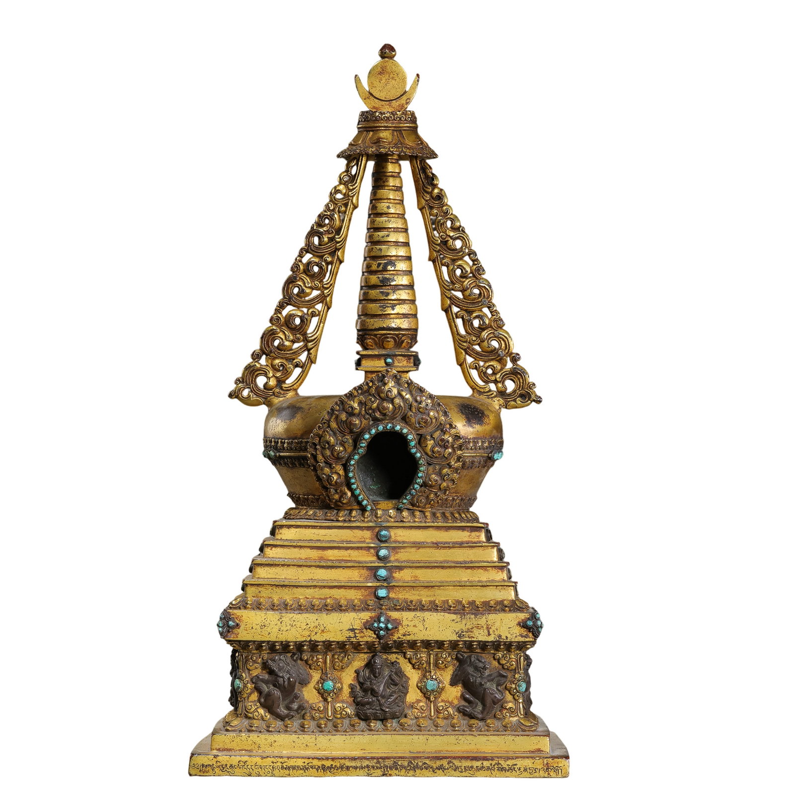 Tibetan Gilt-Bronze Stupa Inlaid with Turquoise: 15th century; height: 43 cm / 16.93 in; width: 21 cm / 8.27 in; weight: 8521 g / 300.57 ozCondition and Provenance?Condition: Overall in good condition, with the form well preserved and much of the gi