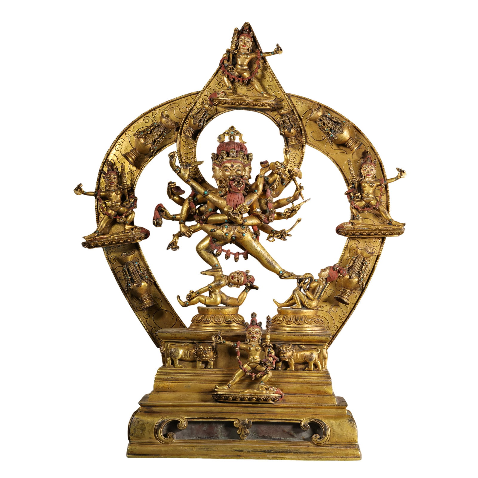 15th-Century Tibetan Gilt-Bronze Standing Buddhist Deity: 15th century; height: 54.5 cm / 21.46 in; width: 43 cm / 16.93 in; weight: 12.7 kg / 27.99 lbCondition and Provenance?Condition: Overall in good condition. The figure, mandorla, base, and attendant el