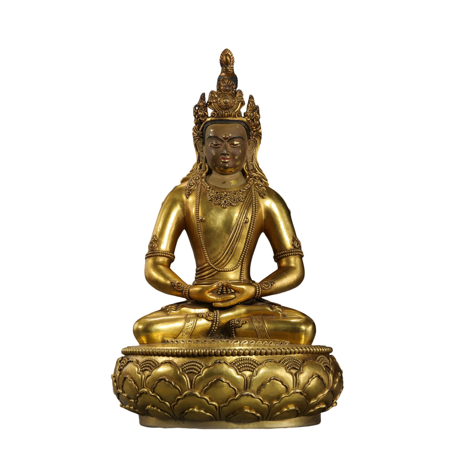 17th-Century Gilt-Bronze Seated Buddha: 17th century; height: 33.5 cm / 13.19 in; base width: 18.5 cm / 7.28 in; weight: 6665 g / 235.10 ozCondition and Provenance?Condition: Overall in good condition. The figure and lotus base are structur