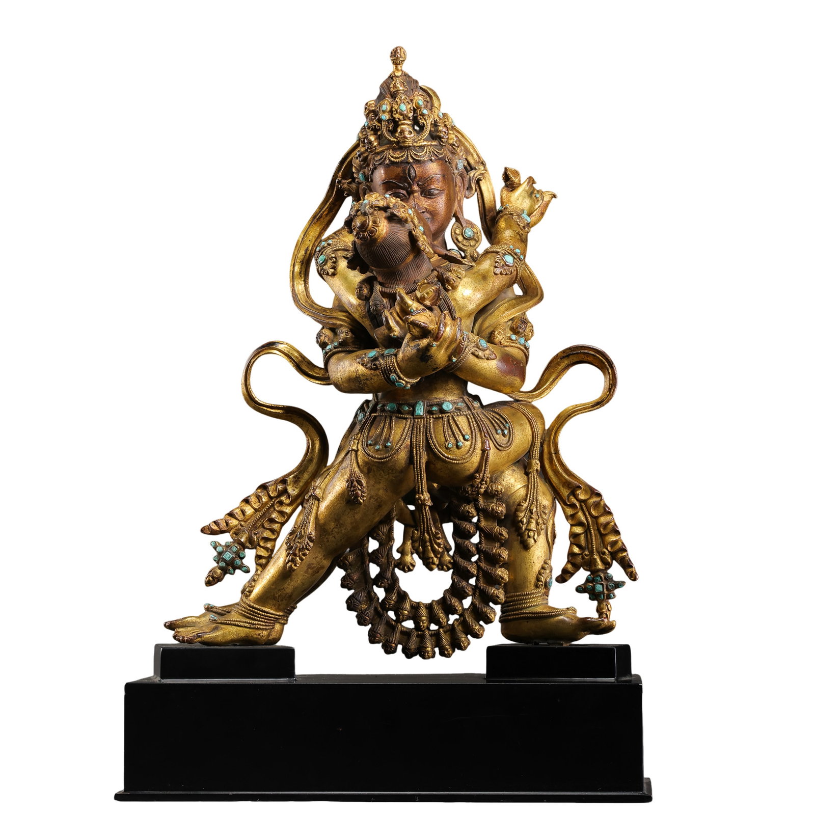15th-Century Tibetan Gilt-Bronze and Turquoise-Inlaid Yab-Yum Buddhist Deity: 15th century; figure height: 36 cm / 14.17 in; overall height with stand: 45 cm / 17.72 in; width: 28.5 cm / 11.22 in; weight: 11.7 kg / 25.79 lbCondition and Provenance?Condition: Overall in good con