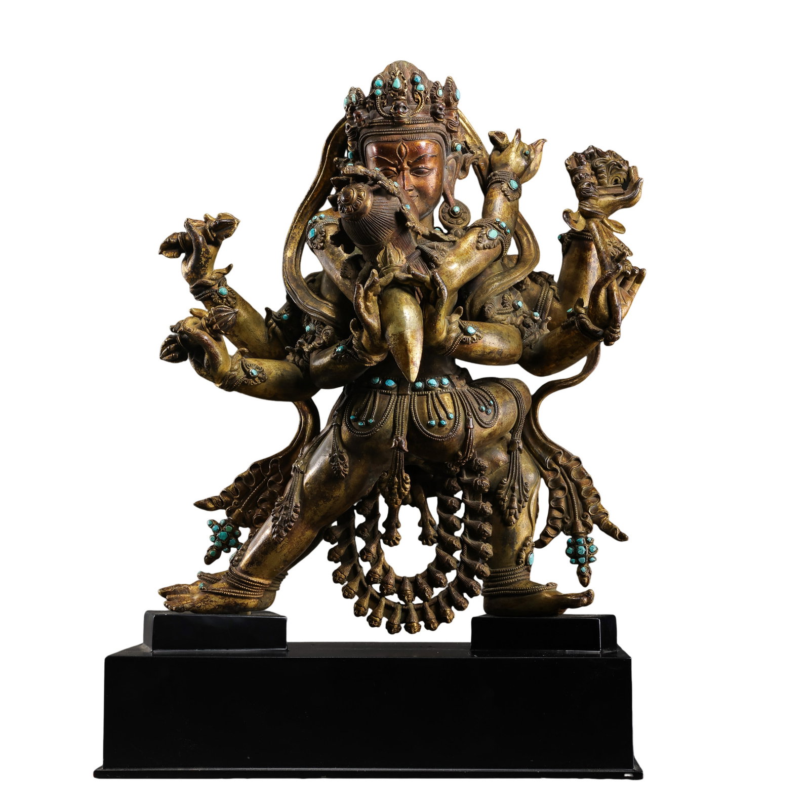 15th-Century Tibetan Gilt-Bronze and Turquoise-Inlaid Yab-Yum Tantric Buddhist Deity: 15th century; figure height: 36 cm / 14.17 in; overall height with stand: 45 cm / 17.72 in; width: 28.5 cm / 11.22 in; weight: 11.7 kg / 25.79 lbCondition and Provenance?Condition: Overall in good con