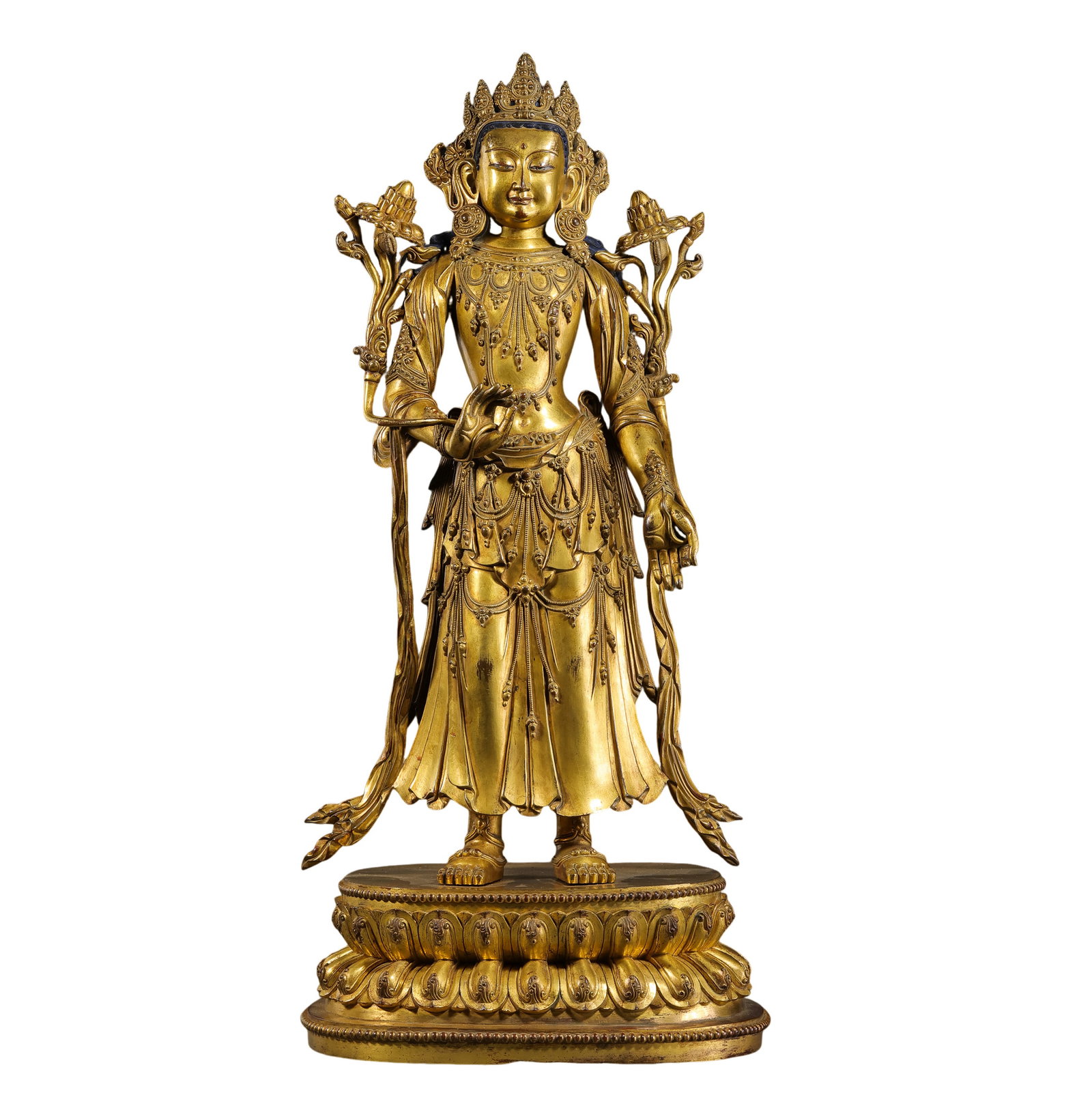 15th-Century Tibetan Gilt-Bronze Standing Bodhisattva: 5th century; height: 63 cm / 24.80 in; width: 28 cm / 11.02 in; weight: 15.3 kg / 33.73 lbCondition and Provenance?Condition: Overall in good condition. The main figure, lotus base, crown, jewelry, sc