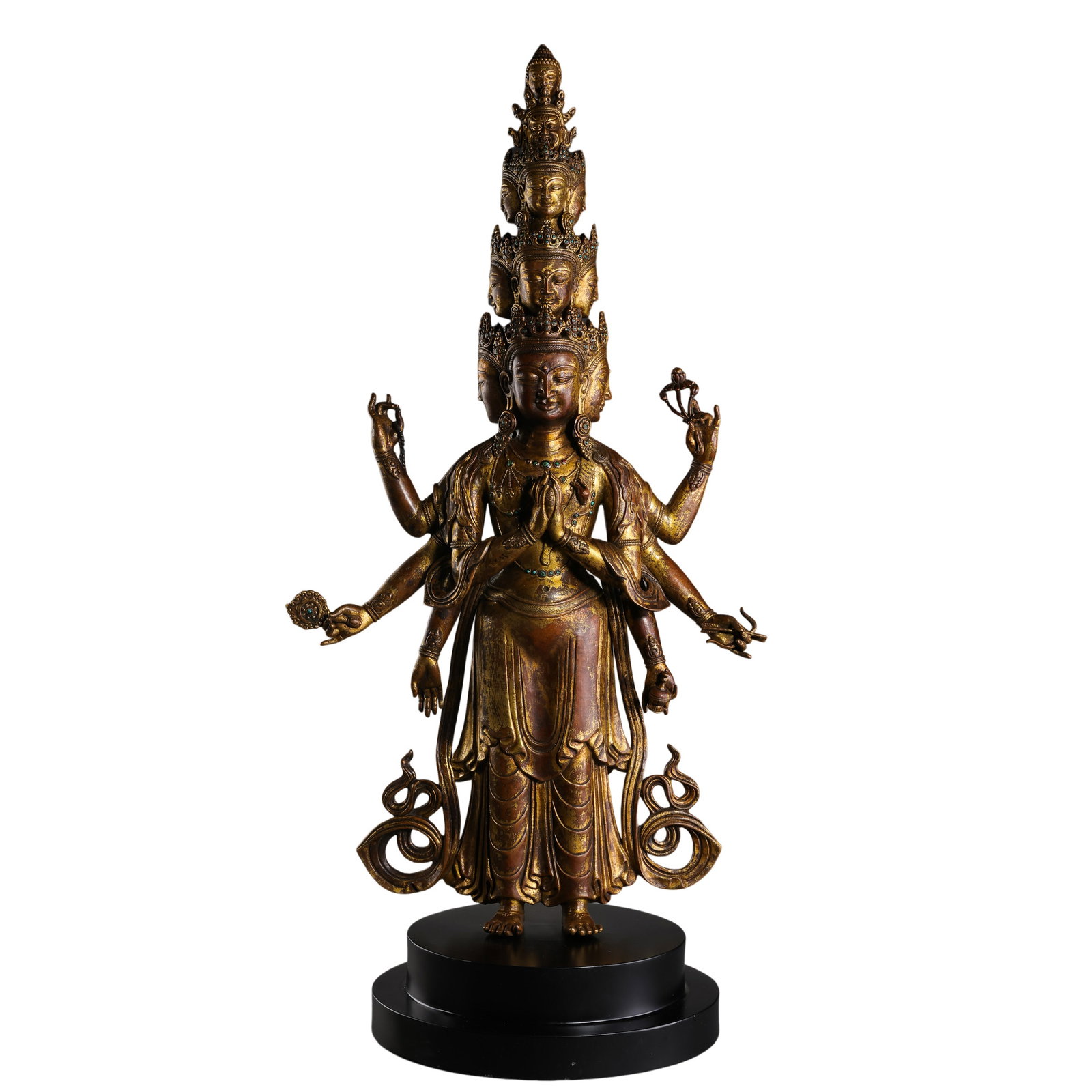 15th-Century Tibetan Gilt-Bronze Eleven-Headed Avalokiteshvara: 15th century; height: 64 cm / 25.20 in; width: 35 cm / 13.78 in; weight: 13 kg / 28.66 lbCondition and Provenance?Condition: Overall in good condition. The main figure, eleven-tiered heads, multiple a