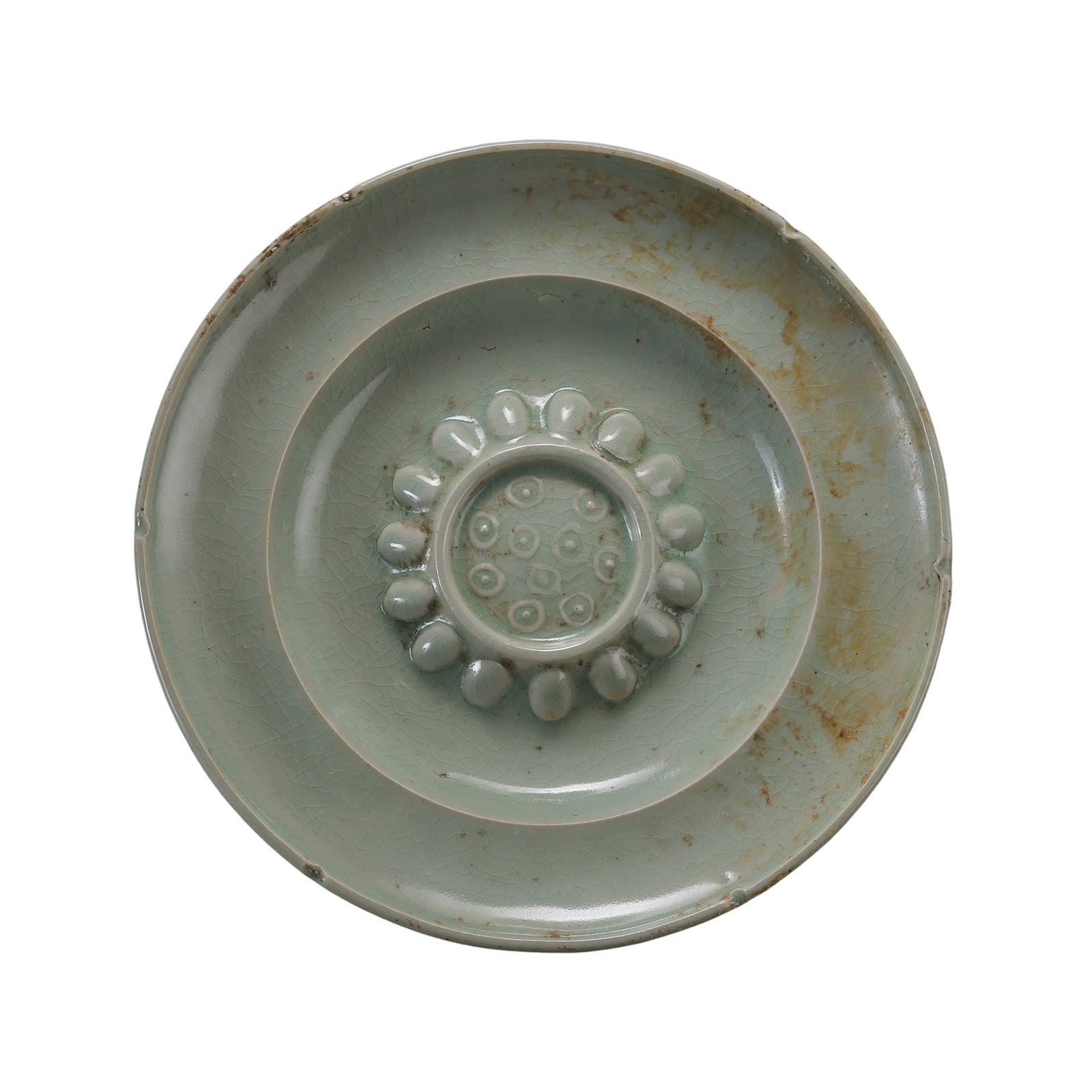 Five Dynasties Yaozhou Celadon Washer with Lotus-Petal Decoration: 10th century; diameter: 18.7 cm / 7.36 in; height: 4 cm / 1.57 inCondition and Provenance?Condition: Overall in good condition. The form is well preserved, with a shallow body, flared rim, and foot ri