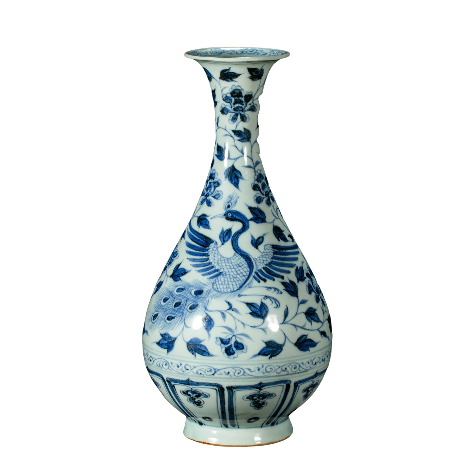 Yuan Dynasty Blue and White Yuhuchun Vase with Phoenix and Floral Scroll Decoration: 14th century; Height: 30.5 cm, approximately 12.01 in, approximately 1.00 ft; Mouth diameter: 8 cm, approximately 3.15 in, approximately 0.26 ftCondition and Provenance?Condition: Overall well preserv