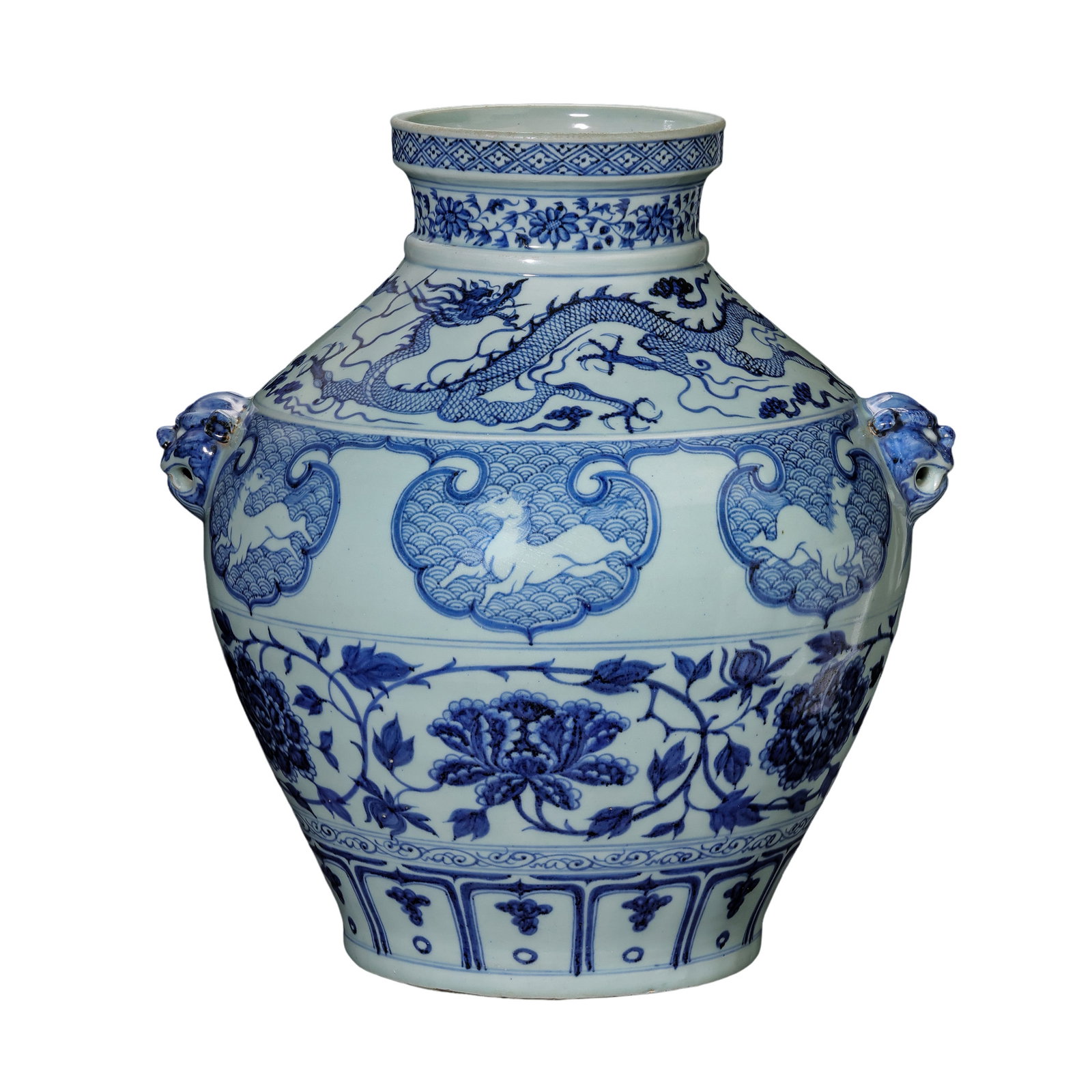 Yuan Dynasty Blue and White Large Jar with Dragon, Auspicious Beasts, Peony Scrolls, and Twin: 14th century; Height: 41 cm, approximately 16.14 in, approximately 1.35 ft; Width: 36 cm, approximately 14.17 in, approximately 1.18 ftCondition and Provenance?Condition: Overall well preserved, with 