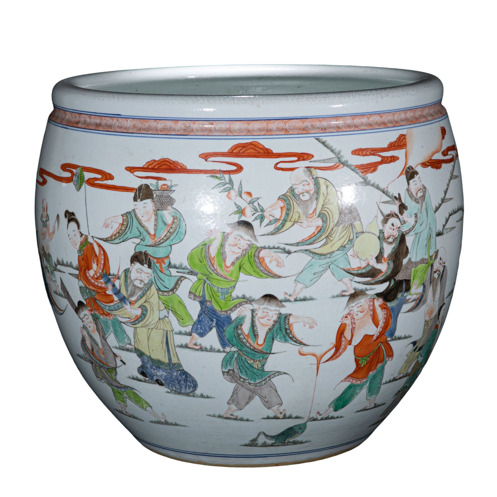 Kangxi Period, Qing Dynasty Famille-Verte Large Jar with Figural Narrative Decoration: Late 17th to early 18th century; Height: 43 cm, approximately 16.93 in, approximately 1.41 ft; Mouth diameter: 23 cm, approximately 9.06 in, approximately 0.75 ftCondition and Provenance?Condition: Ov