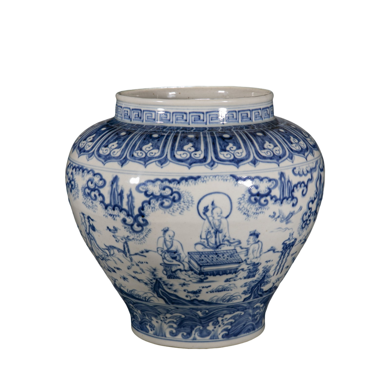 Early Ming Dynasty Blue and White Jar with Scholar Figures in a Landscape: 15th century; Height: 36 cm, approximately 14.17 in, approximately 1.18 ft; Mouth diameter: 23 cm, approximately 9.06 in, approximately 0.75 ftCondition and Provenance?Condition: Overall well preserve