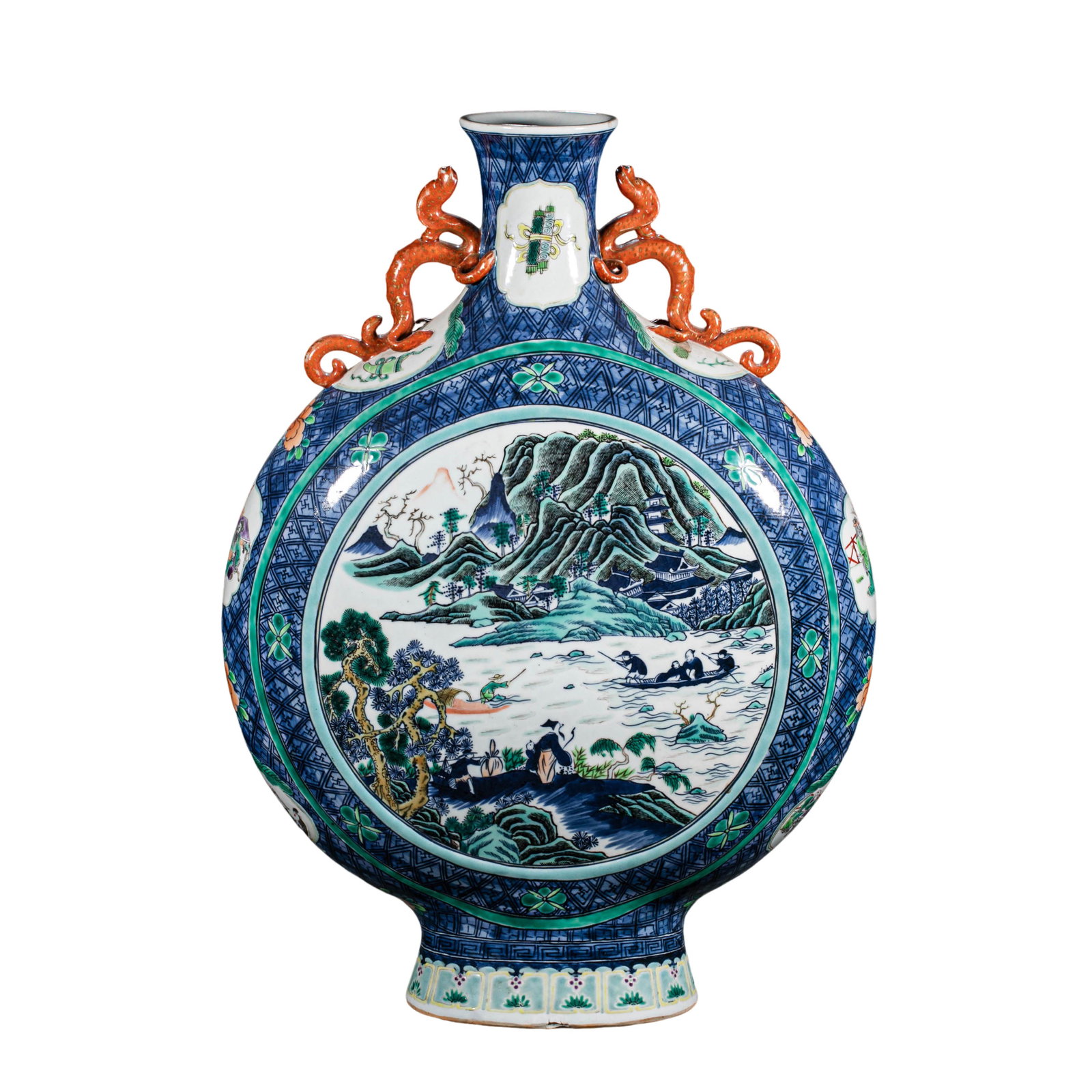 Qianlong Period, Qing Dynasty Famille-Rose Moon Flask with Landscape and Figural Decoration and Twin (1 of 9)