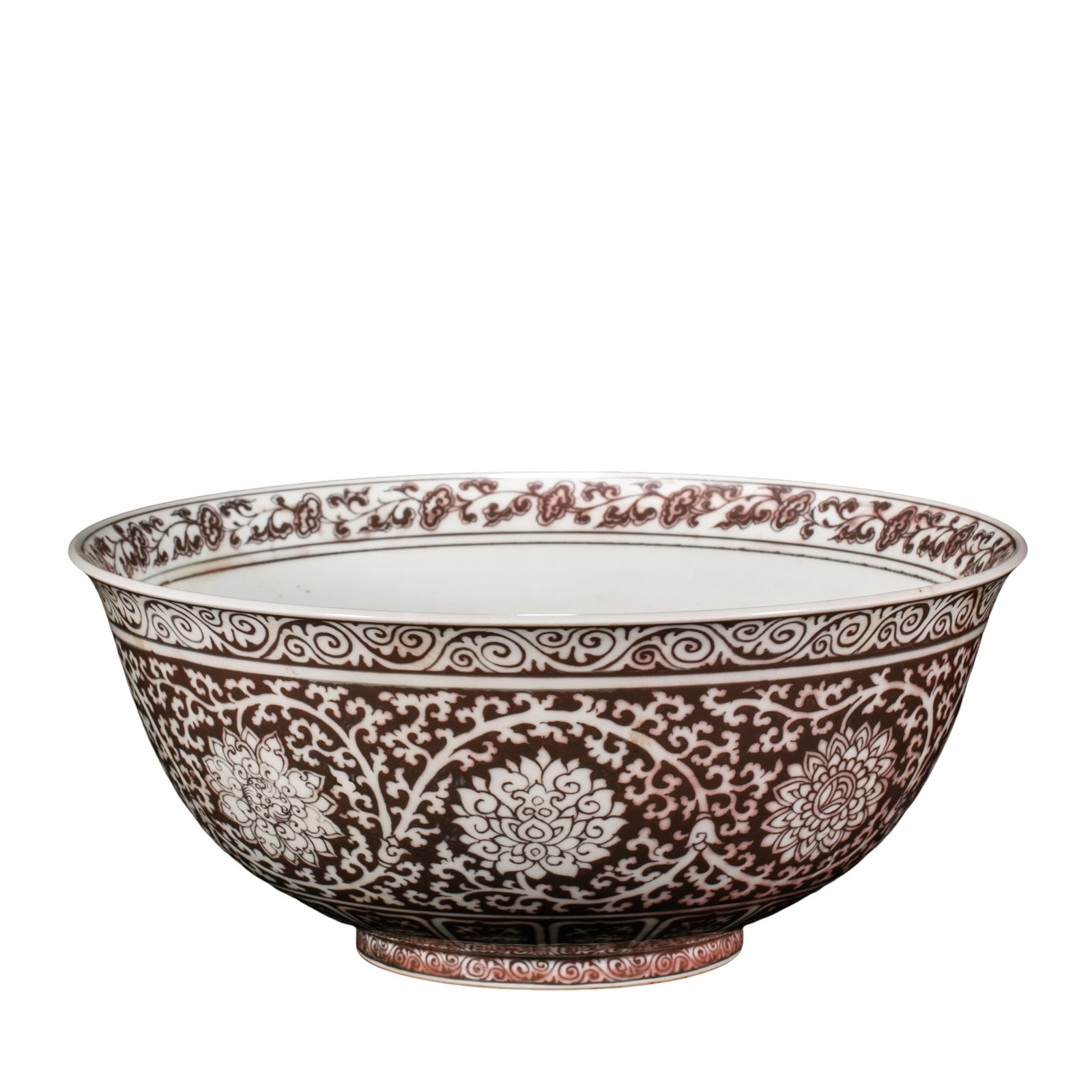 Yuan Dynasty Blue and White and Underglaze-Red Large Bowl with Floral Scroll Decoration: 14th century; Diameter: 39 cm, approximately 15.35 in, approximately 1.28 ft; Height: 17 cm, approximately 6.69 in, approximately 0.56 ftCondition and Provenance?Condition: Overall well preserved, wit