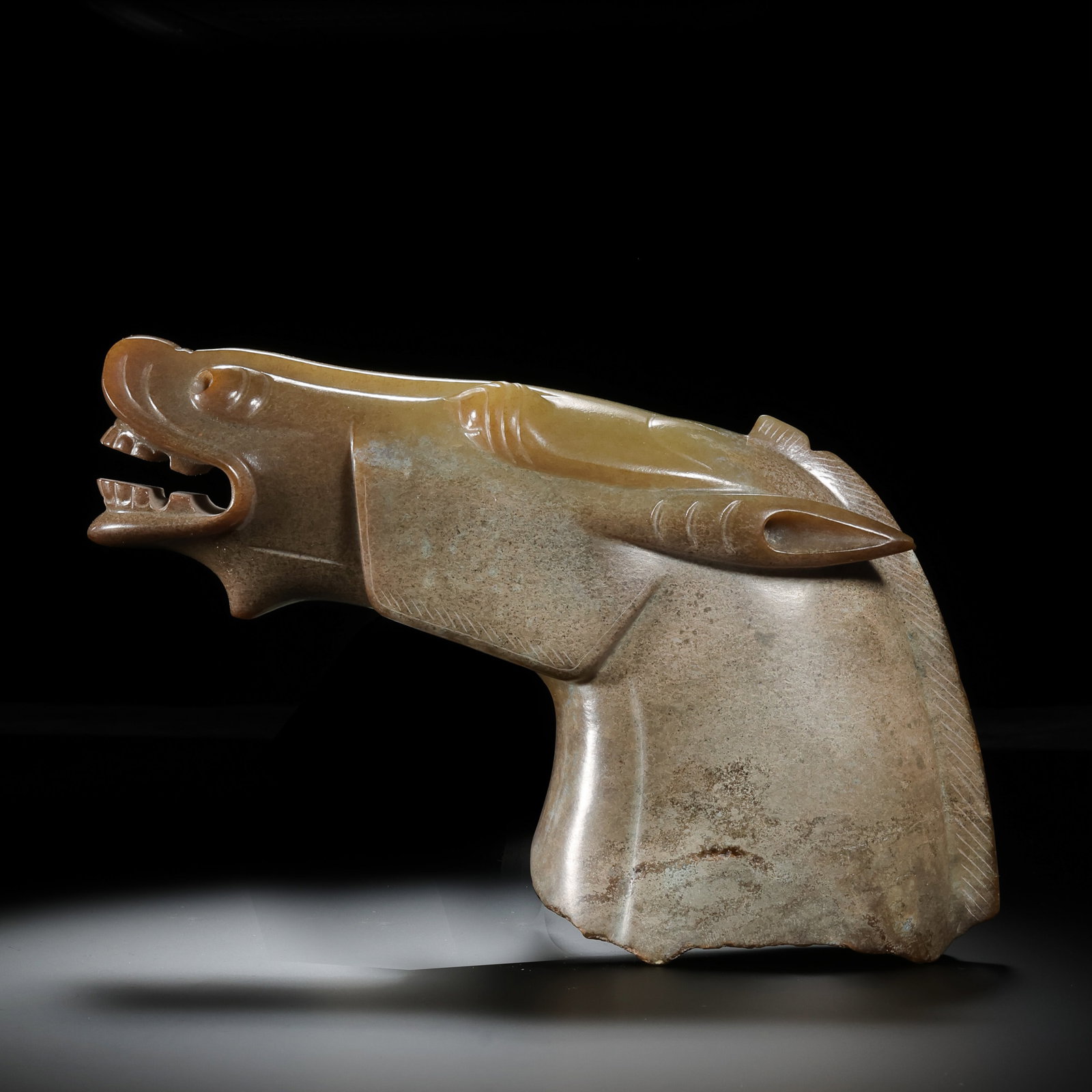 Warring States Period Hetian Jade Horse-Head Ritual Ornament: 5th–3rd century BCE; Length: 18 cm, approximately 7.09 in, approximately 0.59 ft; Height: 10 cm, approximately 3.94 in, approximately 0.33 ft; Weight: 983 g