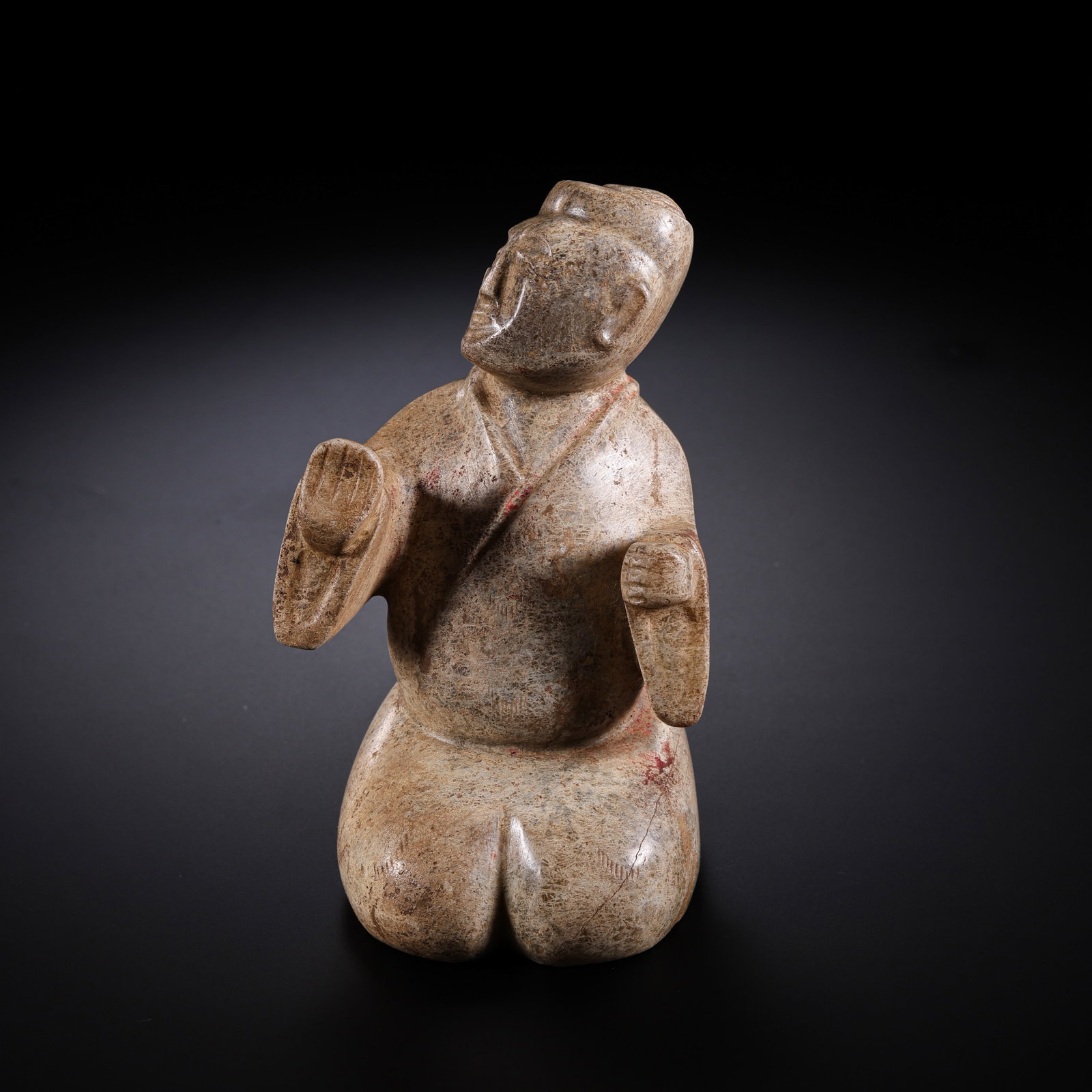 Warring States Period Hetian Jade Kneeling Figure: 5th–3rd century BCE; Height: 12.5 cm, approximately 4.92 in, approximately 0.41 ft; Width: 6 cm, approximately 2.36 in, approximately 0.20 ft; Weight: 392 gCondition and Provenance?Condition: Overal
