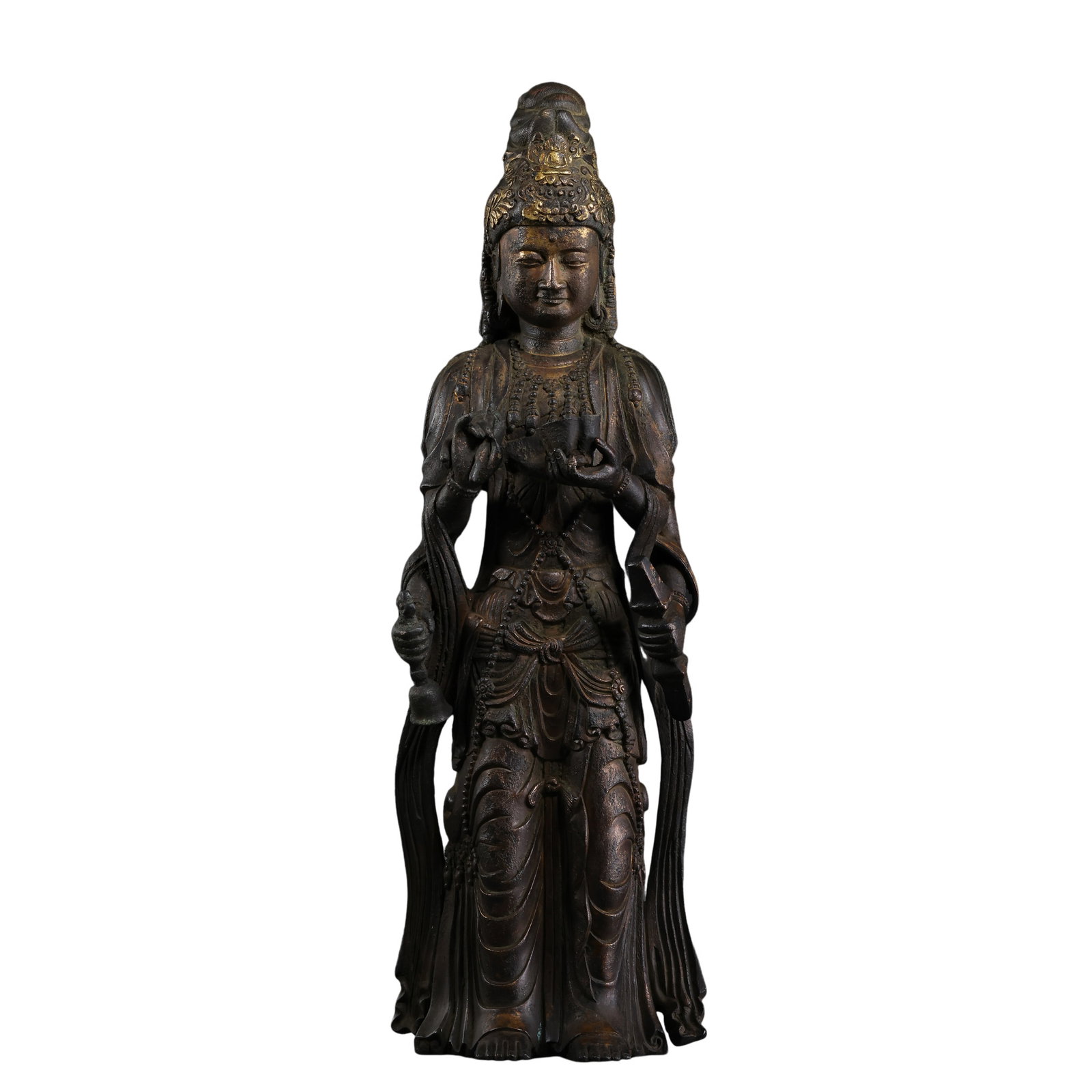 Dali Kingdom Bronze Standing Guanyin Bodhisattva: 10th–13th century; Height: 45 cm, approximately 17.72 in, approximately 1.48 ft; Width: 14.5 cm, approximately 5.71 in, approximately 0.48 ft; Weight: 5,283 gCondition and Provenance?Condition: Over