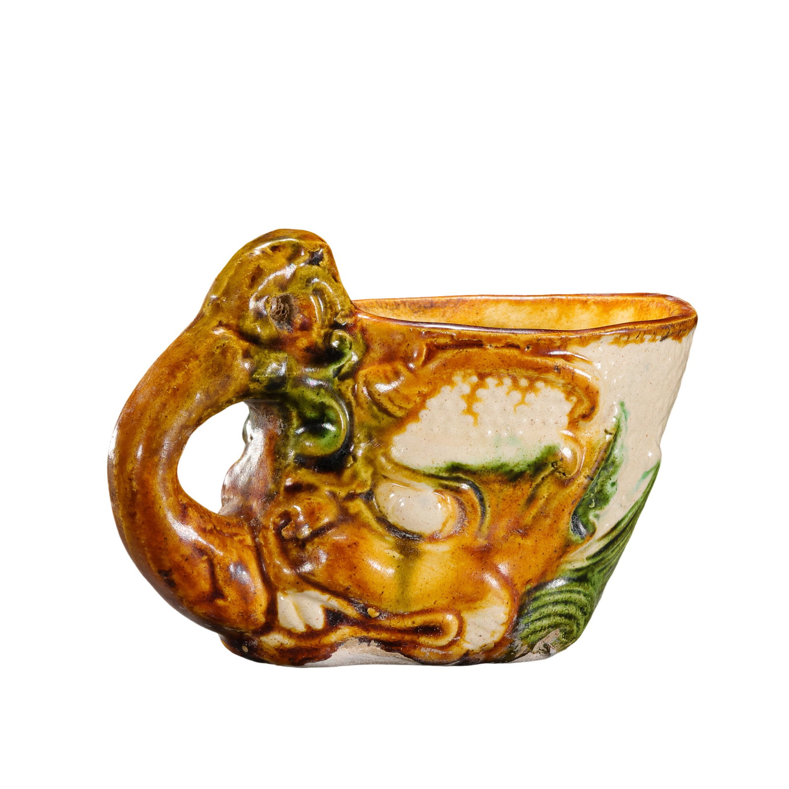 Tang Dynasty Sancai Cup with Beast-Head Handle: 7th–10th century; Length: 10.3 cm, approximately 4.06 in, approximately 0.34 ft; Height: 6.1 cm, approximately 2.40 in, approximately 0.20 ftCondition and Provenance?Condition: Overall well preserve
