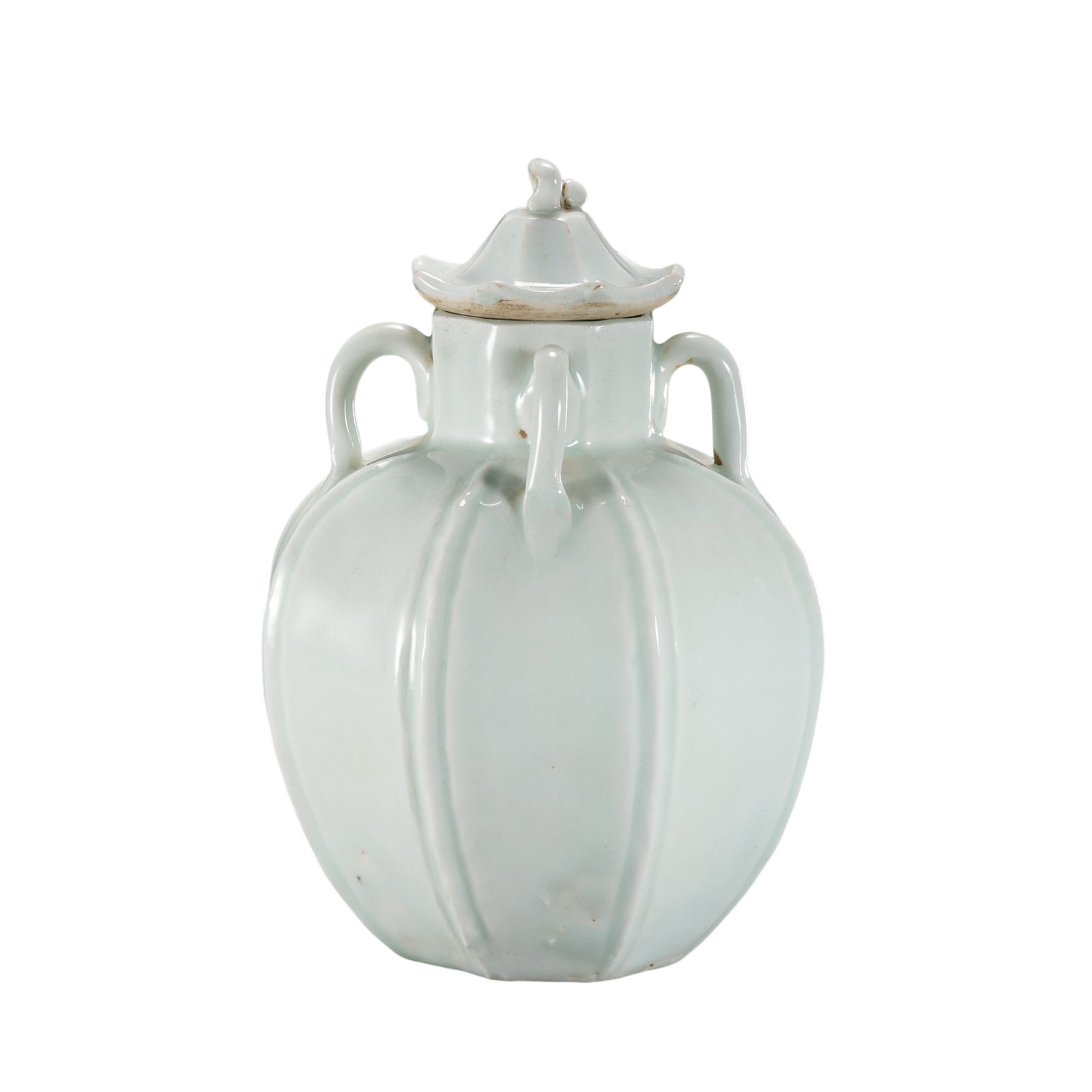 Southern Song Dynasty Hutian Ware Qingbai Glazed Lobed Four-Lug Covered Jar: 12th–13th century; Height: 15.5 cm, approximately 6.10 in, approximately 0.51 ft; Width: 10.5 cm, approximately 4.13 in, approximately 0.34 ftCondition and Provenance?Condition: Overall well preserv