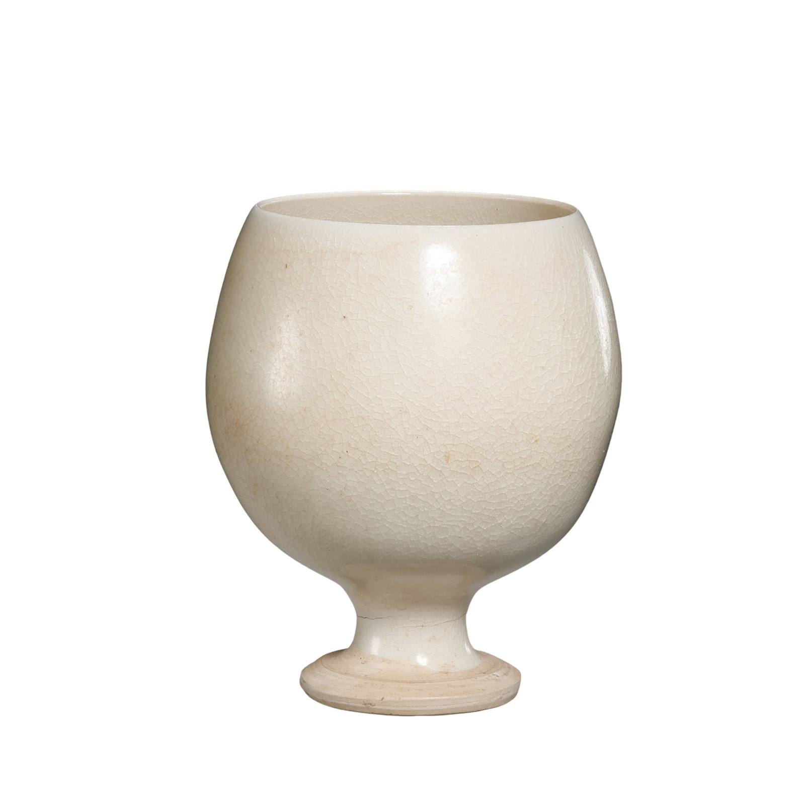 Sui Dynasty White-Glazed Stem Cup: 6th–7th century; dimensions not indicatedCondition and Provenance?Condition: Overall well preserved, with a balanced form and warm white glaze. The surface shows fine glaze crackle, light age-relate