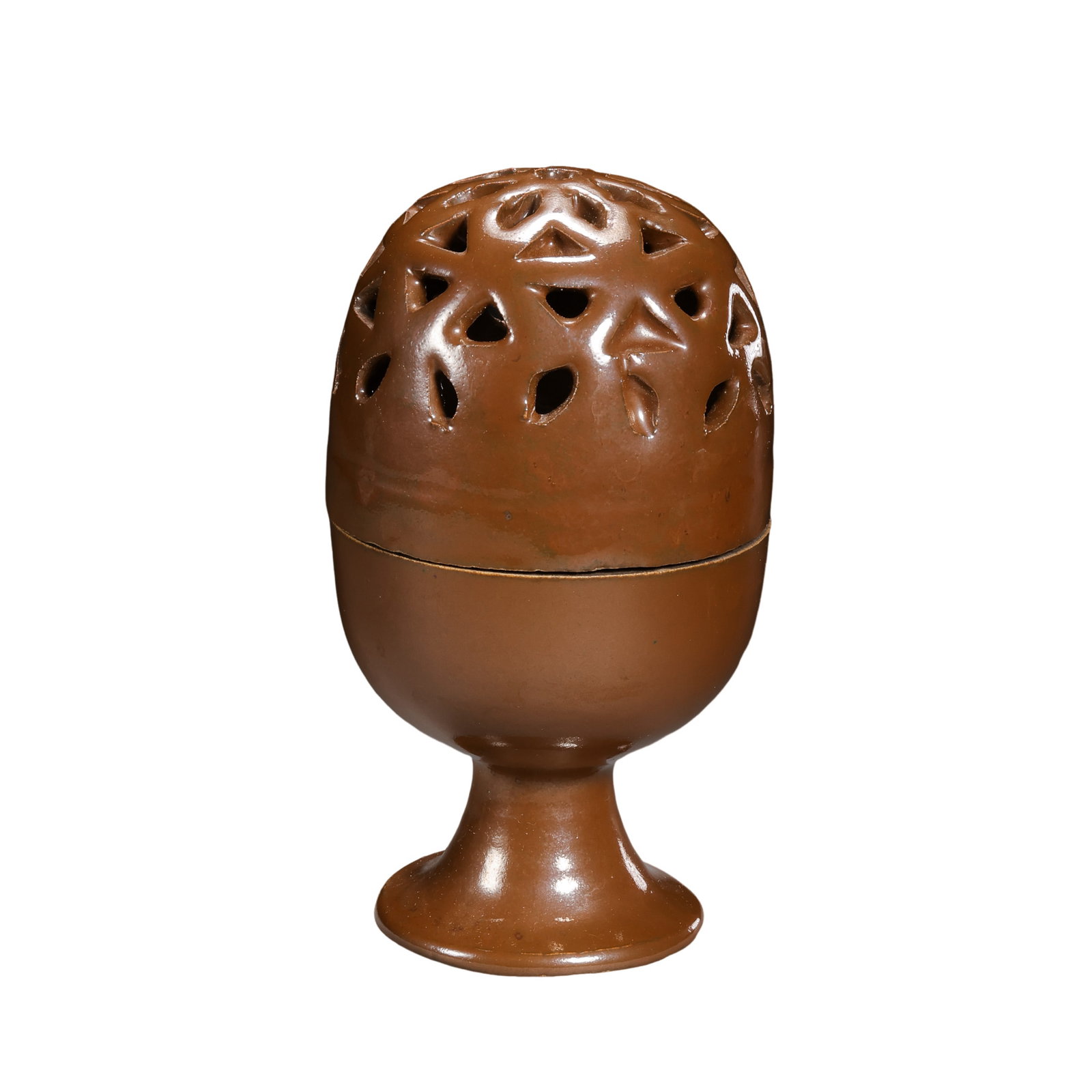 Northern Song Dynasty Ding Ware Purple-Glazed Openwork Incense Burner: 10th–12th century; Diameter: 7 cm, approximately 2.76 in, approximately 0.23 ft; Height: 12.7 cm, approximately 5.00 in, approximately 0.42 ftCondition and Provenance?Condition: Overall well preserv