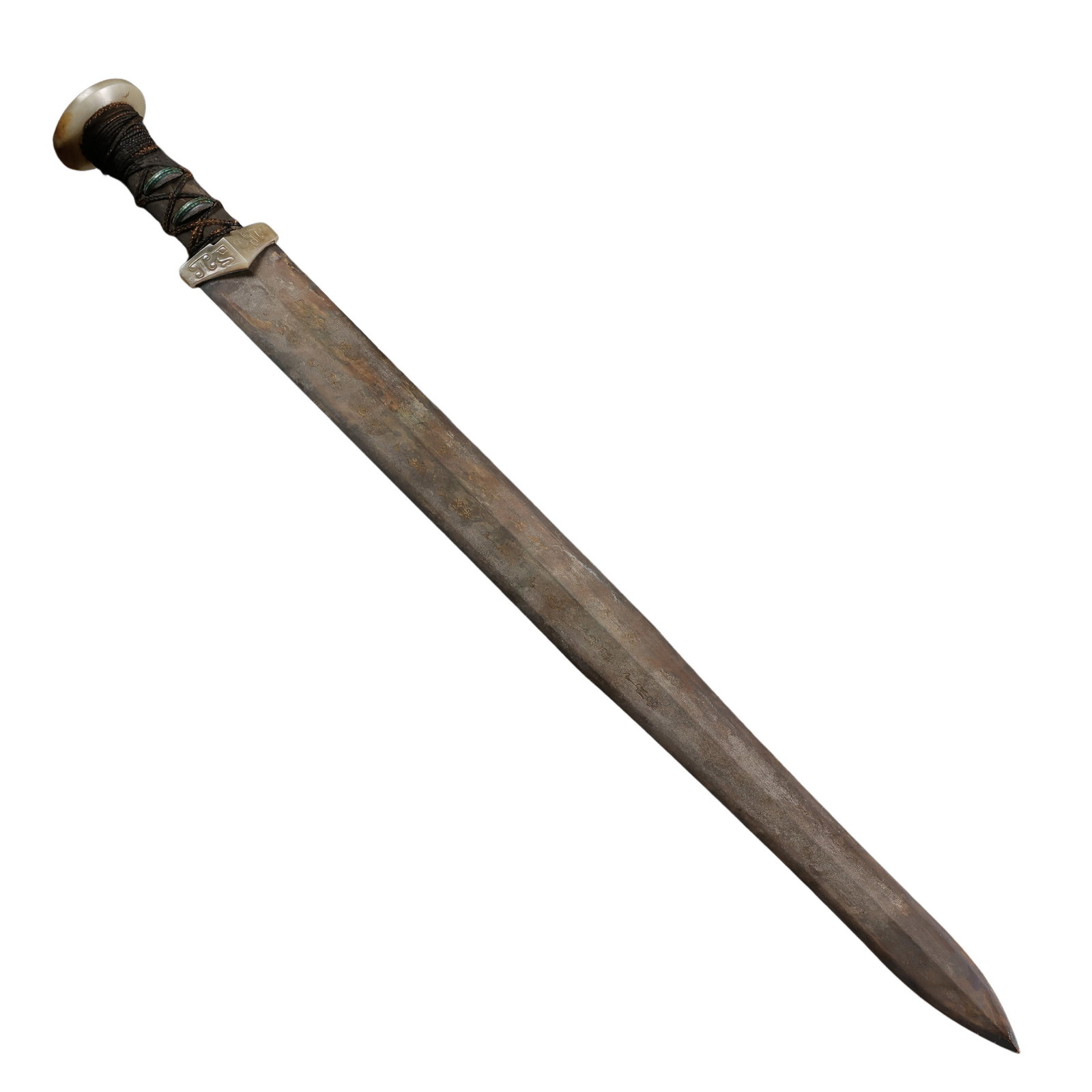 Warring States Period Gold-Inlaid Bronze Sword with Hetian Jade Fittings: 5th–3rd century BCE; Length: 70.6 cm, approximately 27.80 in, approximately 2.32 ft; Weight: 1,058 gCondition and Provenance?Condition: Overall well preserved, with a long, well-defined blade and su