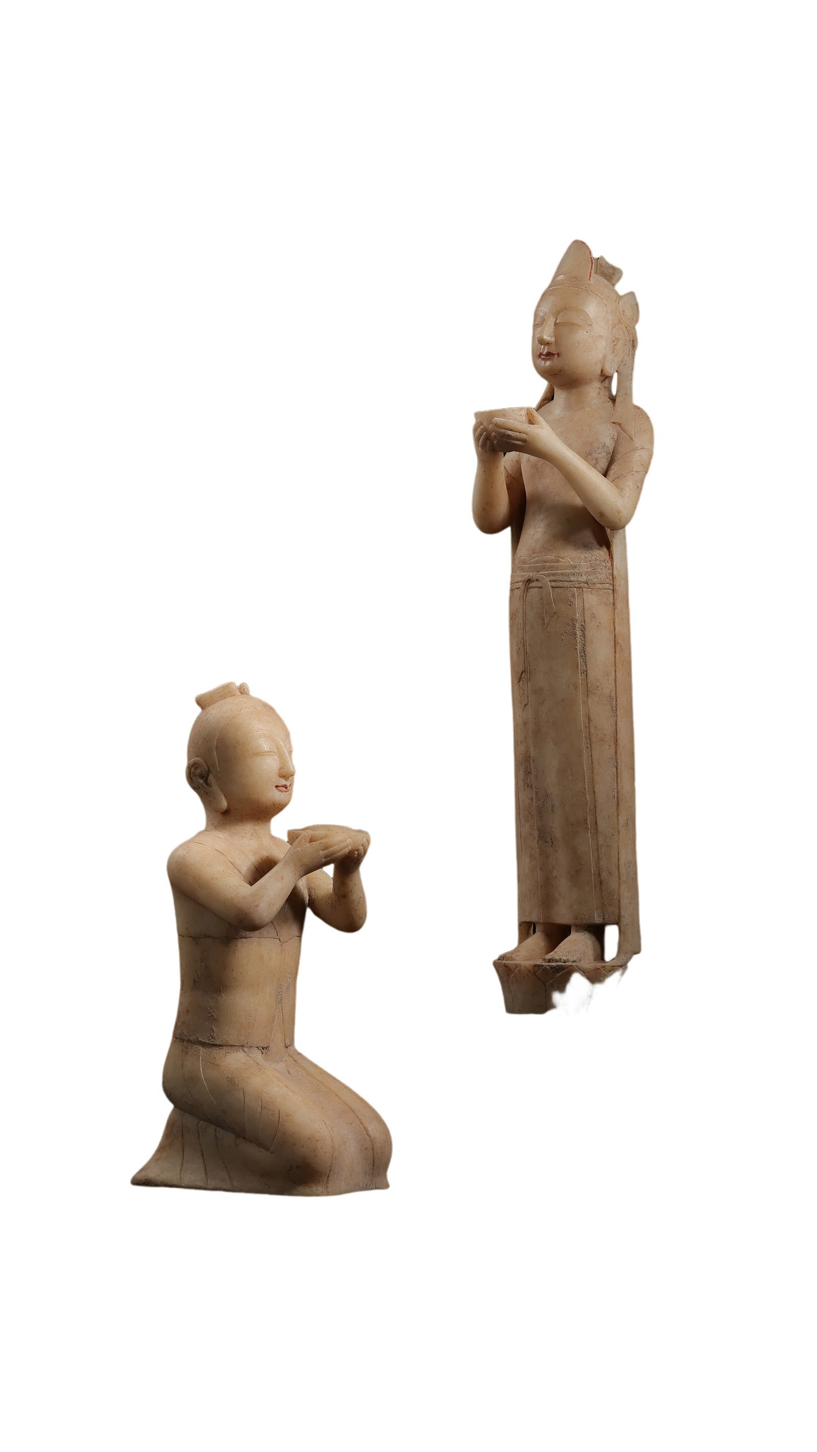 Tang Dynasty Pair of White Marble Donor Figures: 7th–10th century; Standing figure height: 51 cm, approximately 20.08 in, approximately 1.67 ft; Kneeling figure height: 31 cm, approximately 12.20 in, approximately 1.02 ft; Kneeling figure width: 1