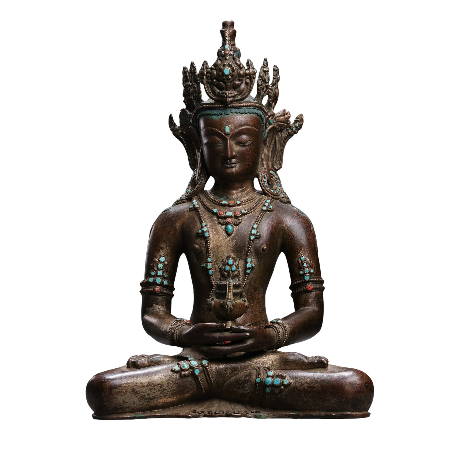 15th Century Tibetan Bronze Amitayus Buddha Seated Figure with Gemstone Inlays: 15th century; Height: 39 cm, approximately 15.35 in, approximately 1.28 ft; Width: 27 cm, approximately 10.63 in, approximately 0.89 ft; Weight: 7,814 gCondition and Provenance?Condition: Overall well