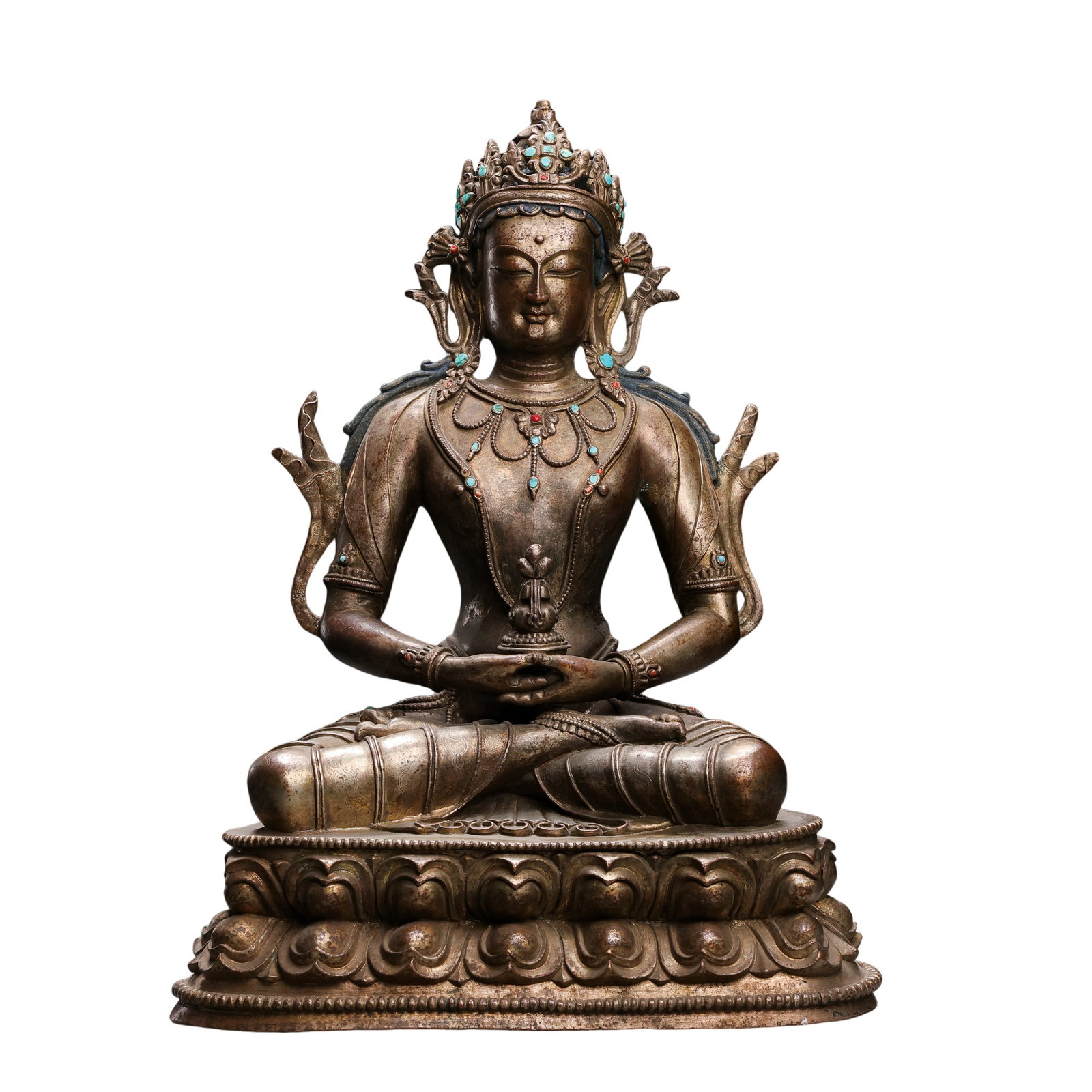 15th Century Tibetan Gilt Bronze Amitayus Buddha Seated Figure with Inlays (1 of 10)