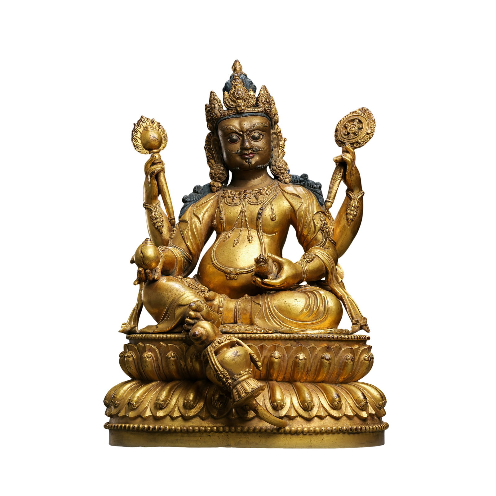 Tibet, 15th Century, Gilt-Bronze Seated Vaishravana (Jambhala) Figure: 15th century; H. 35.5 cm (13.98 in; 1.16 ft); W. 24 cm (9.45 in; 0.79 ft); Weight: 11.1 kgCondition & Provenance?Condition: Overall well preserved with rich, lustrous gilding. Minor wear to high point