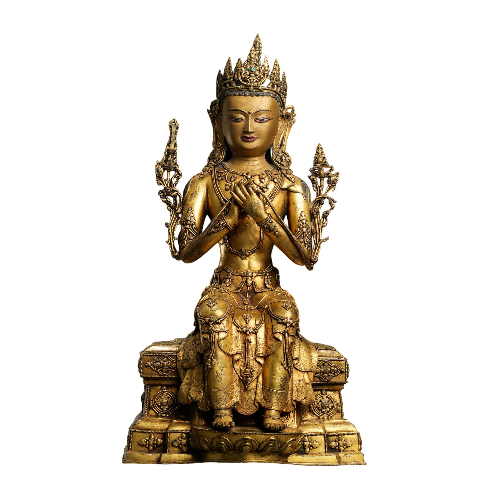 Tibet, 15th Century, Gilt-Bronze Four-Armed Avalokiteshvara (Guanyin) Seated Figure: 15th century; H. 43 cm (16.93 in; 1.41 ft); W. 22.5 cm (8.86 in; 0.74 ft); Weight: 8,104 gCondition & Provenance?Condition: Overall well preserved with substantial original gilding remaining. Minor we