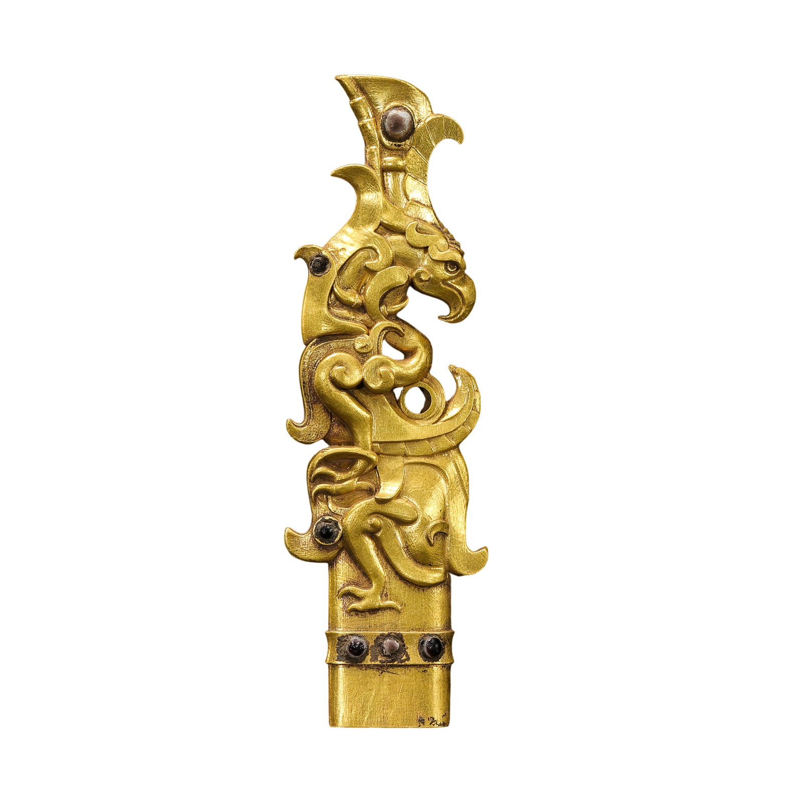 Warring States Period Gold Phoenix-Form Ornament: 5th–3rd century BCE; H. 9 cm (3.54 in; 0.30 ft); W. 3 cm (1.18 in; 0.10 ft); Weight: 61 gCondition & Provenance?Condition: Overall well preserved. The gold surface retains a bright luster, with age-