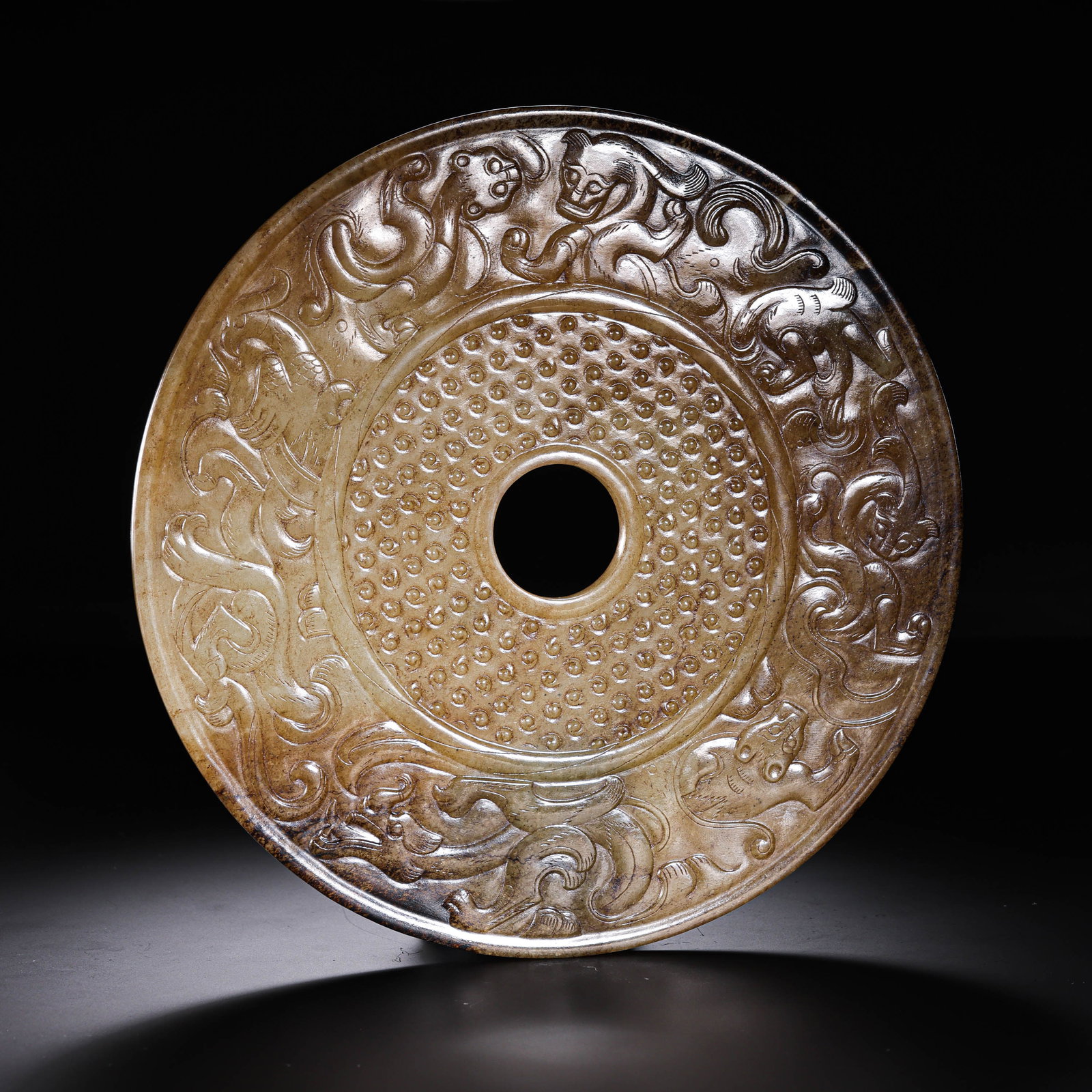 Warring States Period (5th–3rd century BCE), Hetian Jade Bi Disc with High-Relief Chilong and (1 of 11)
